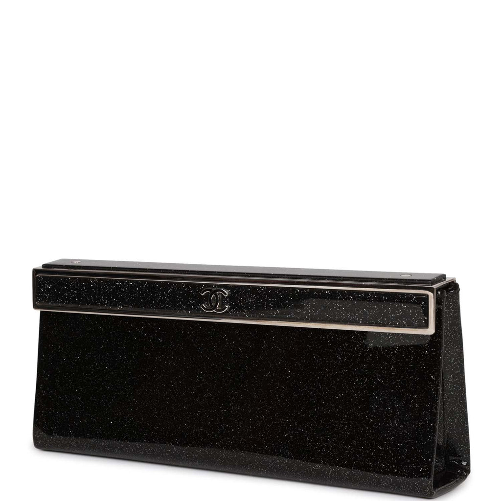 Pre-owned Chanel Minaudiere Long Frame Clutch Black Glitter Patent Silver Hardware