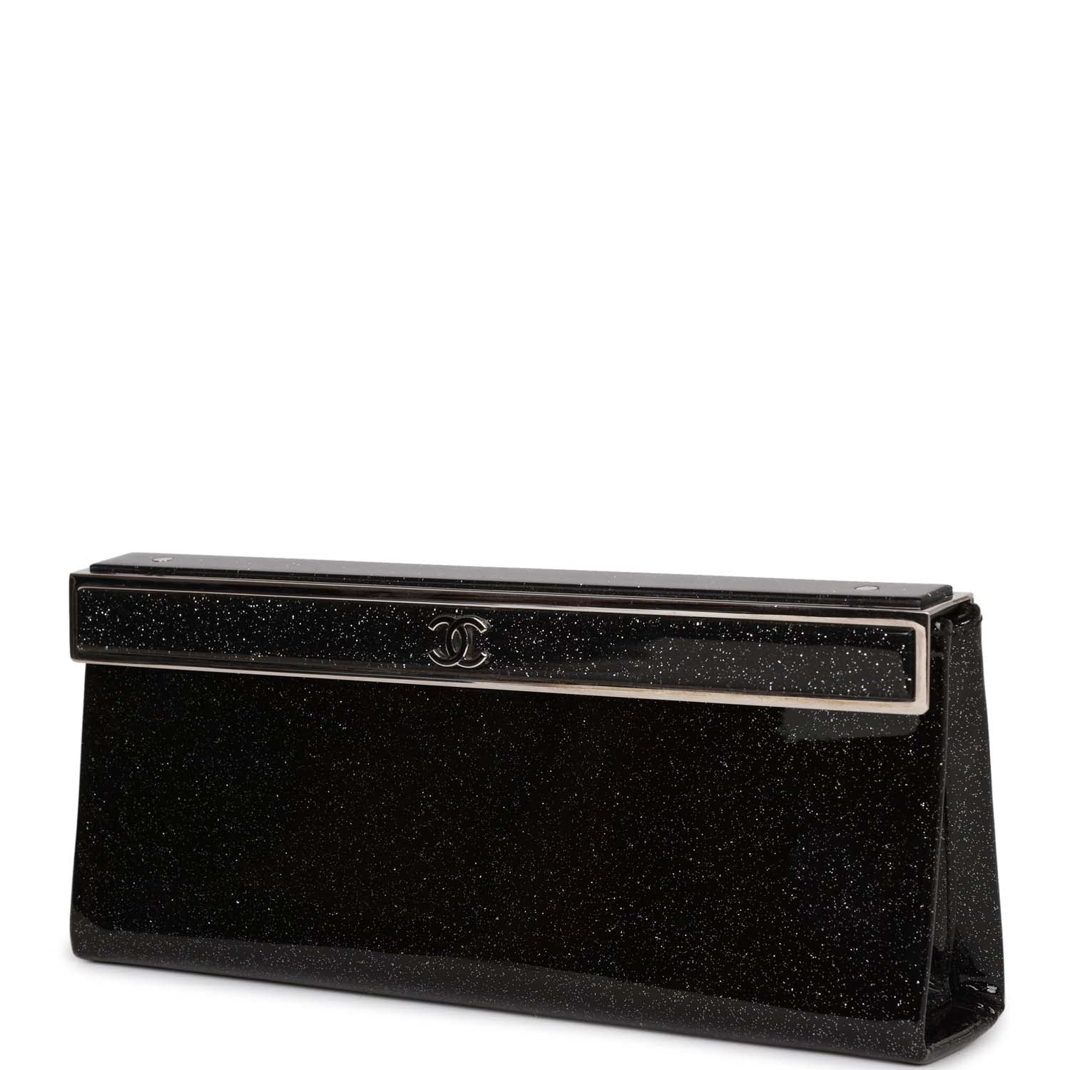 Pre-owned Chanel Minaudiere Long Frame Clutch Black Glitter Patent Silver Hardware