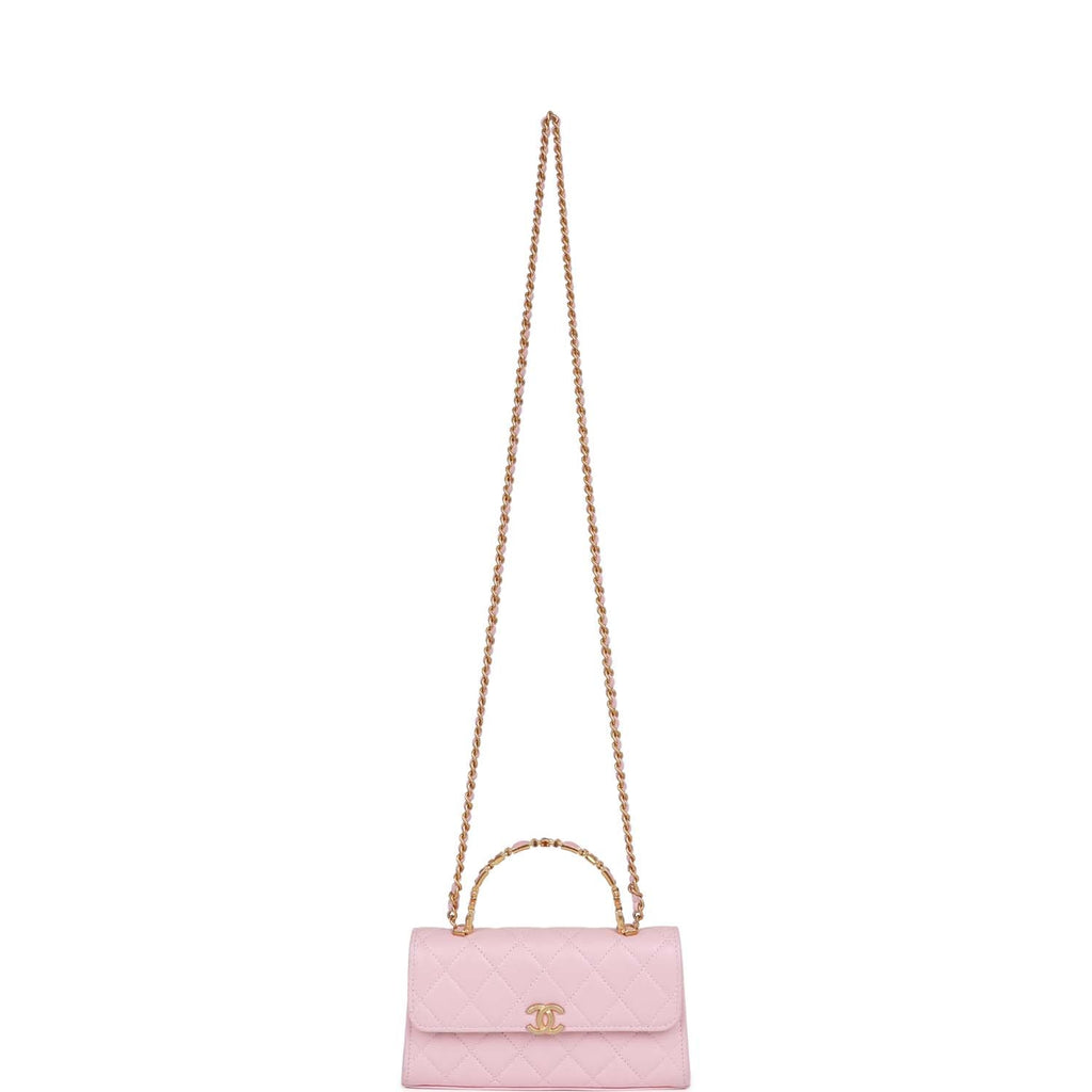 Chanel Enamel Top Handle Phone Holder Pink Lambskin Antique Gold Hardware
