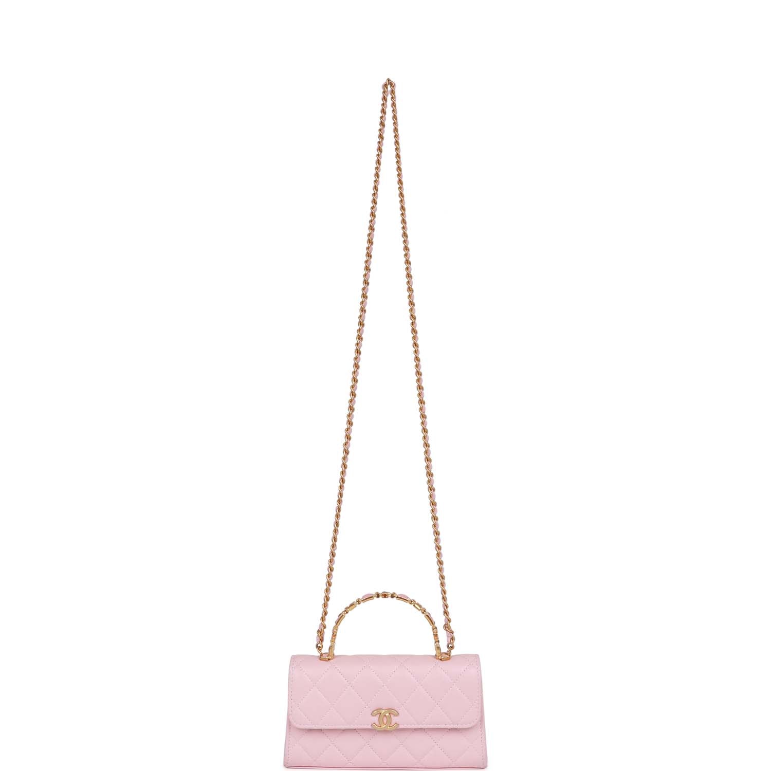 Chanel Enamel Top Handle Phone Holder Pink Lambskin Antique Gold Hardware