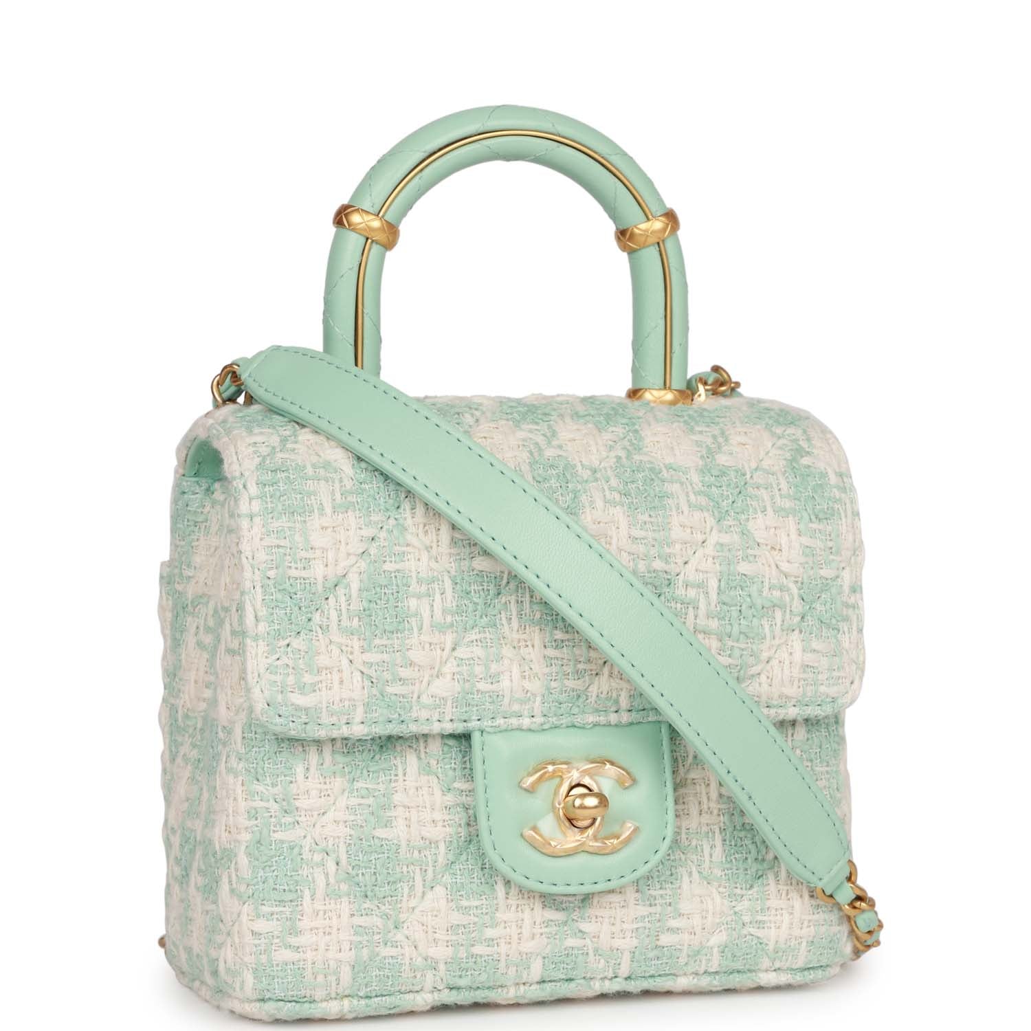 Chanel Mini Square Flap with Top Handle Turquoise and Ecru Tweed Antique Gold Hardware