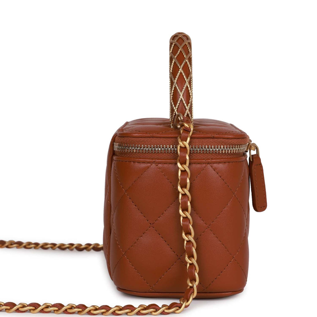 Chanel Small Top Handle Vanity Case Brown Lambskin Brushed Gold Hardware