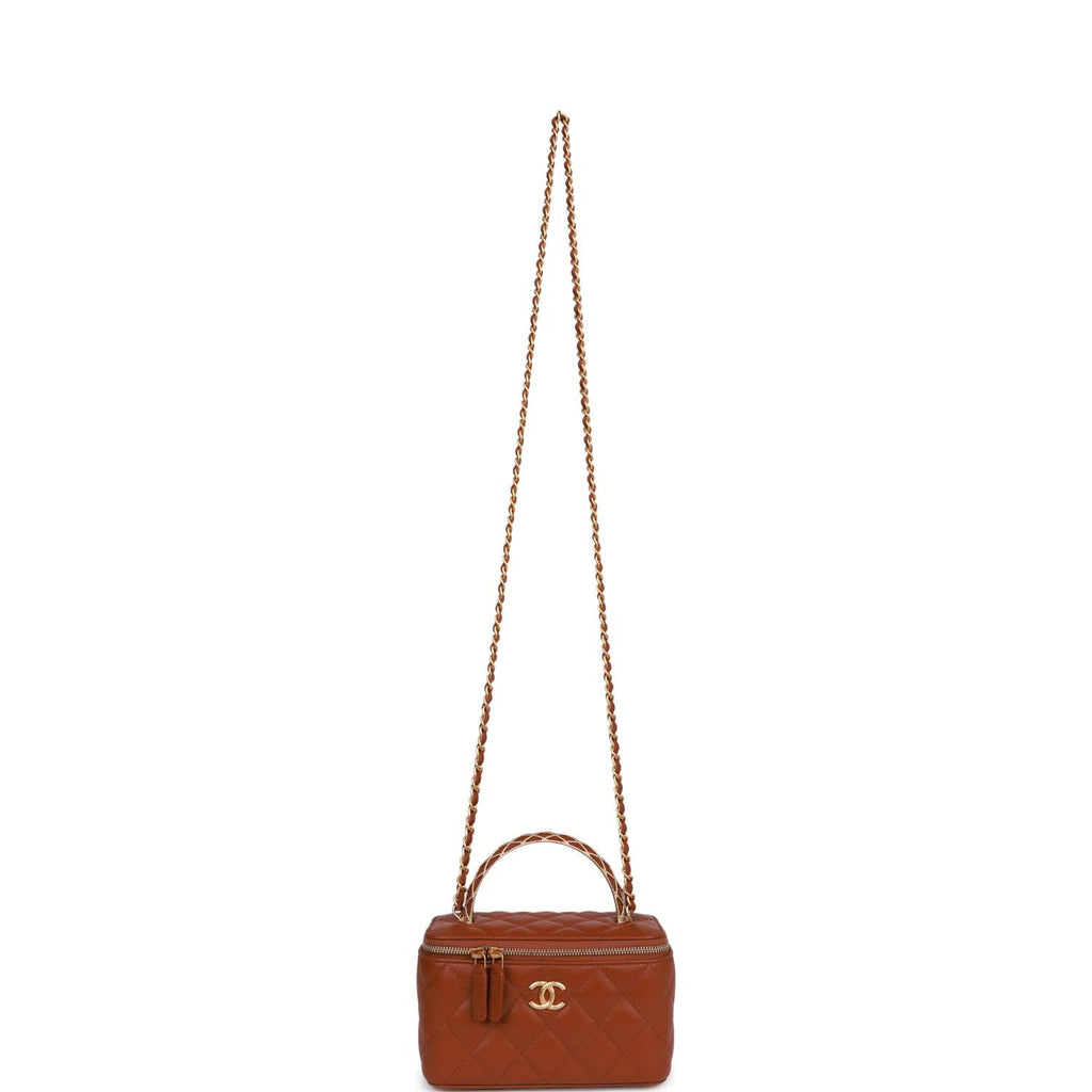 Chanel Small Top Handle Vanity Case Brown Lambskin Brushed Gold Hardware