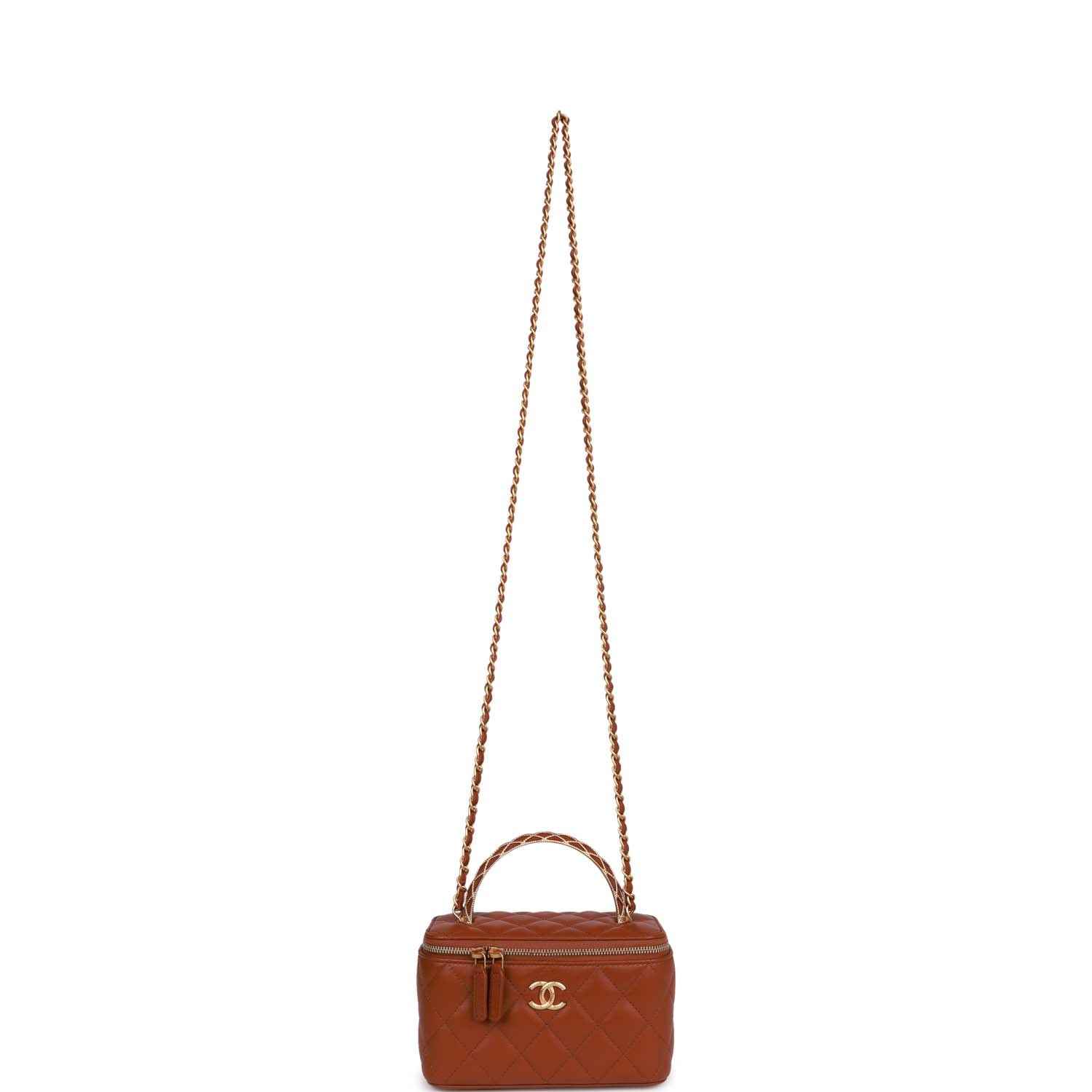 Chanel Small Top Handle Vanity Case Brown Lambskin Brushed Gold Hardware