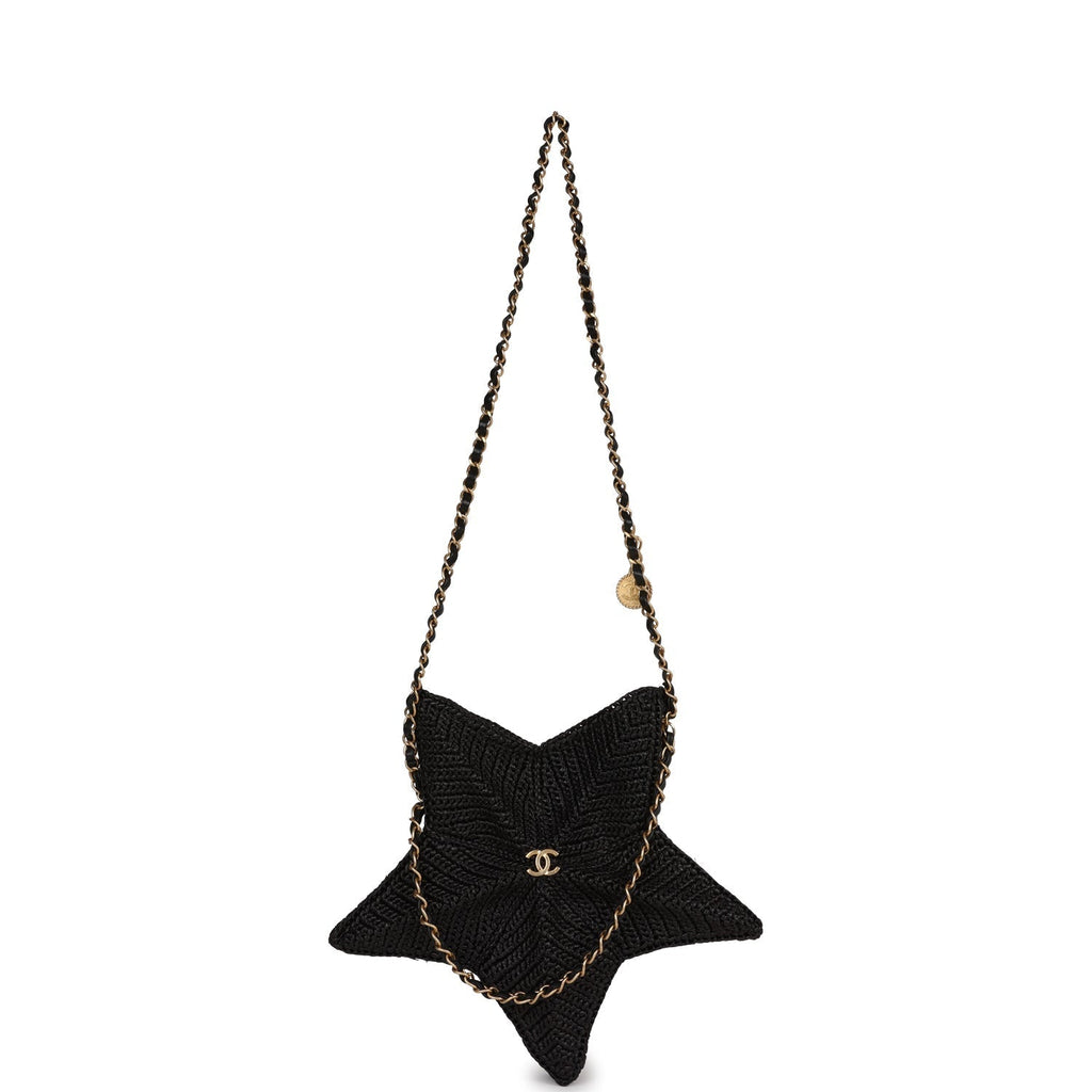 Chanel Star Coco Beach Bag Black Raffia Aged Gold Hardware