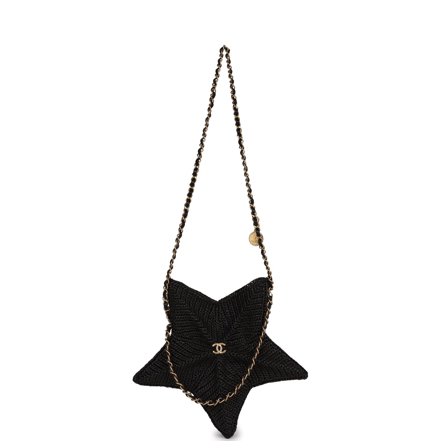 Chanel Star Coco Beach Bag Black Raffia Aged Gold Hardware