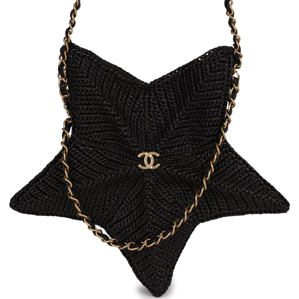 Chanel Star Coco Beach Bag Black Raffia Aged Gold Hardware