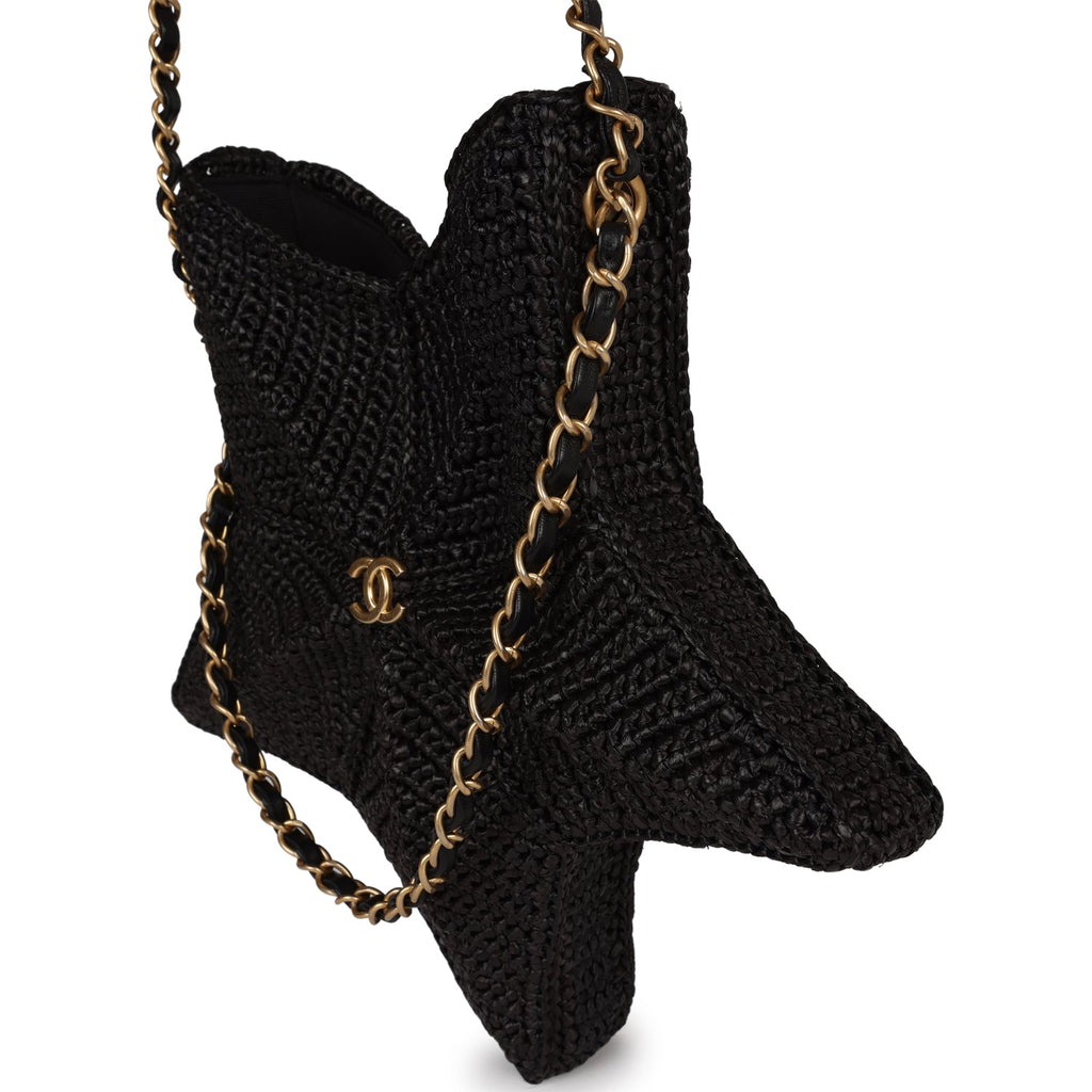 Chanel Star Coco Beach Bag Black Raffia Aged Gold Hardware