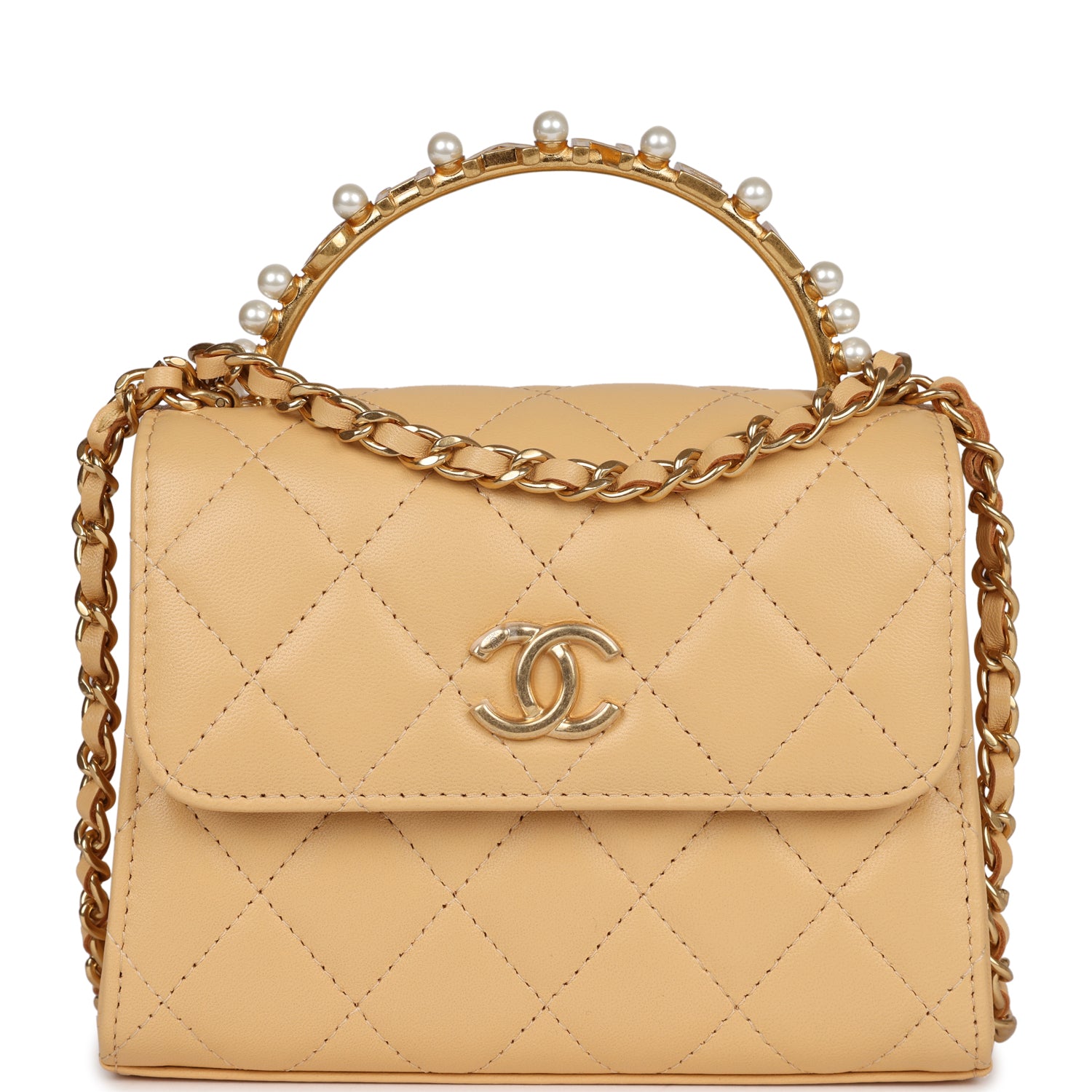 Chanel Clutch with Top Handle Beige Lambskin Antique Gold Hardware