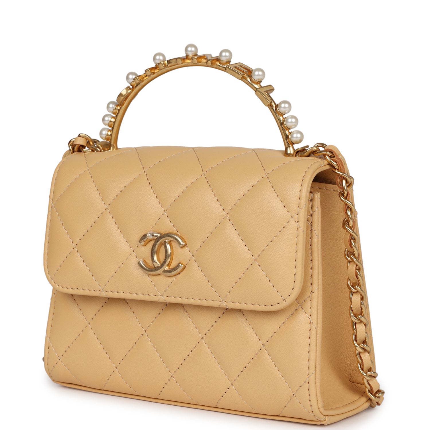 Chanel Clutch with Top Handle Beige Lambskin Antique Gold Hardware