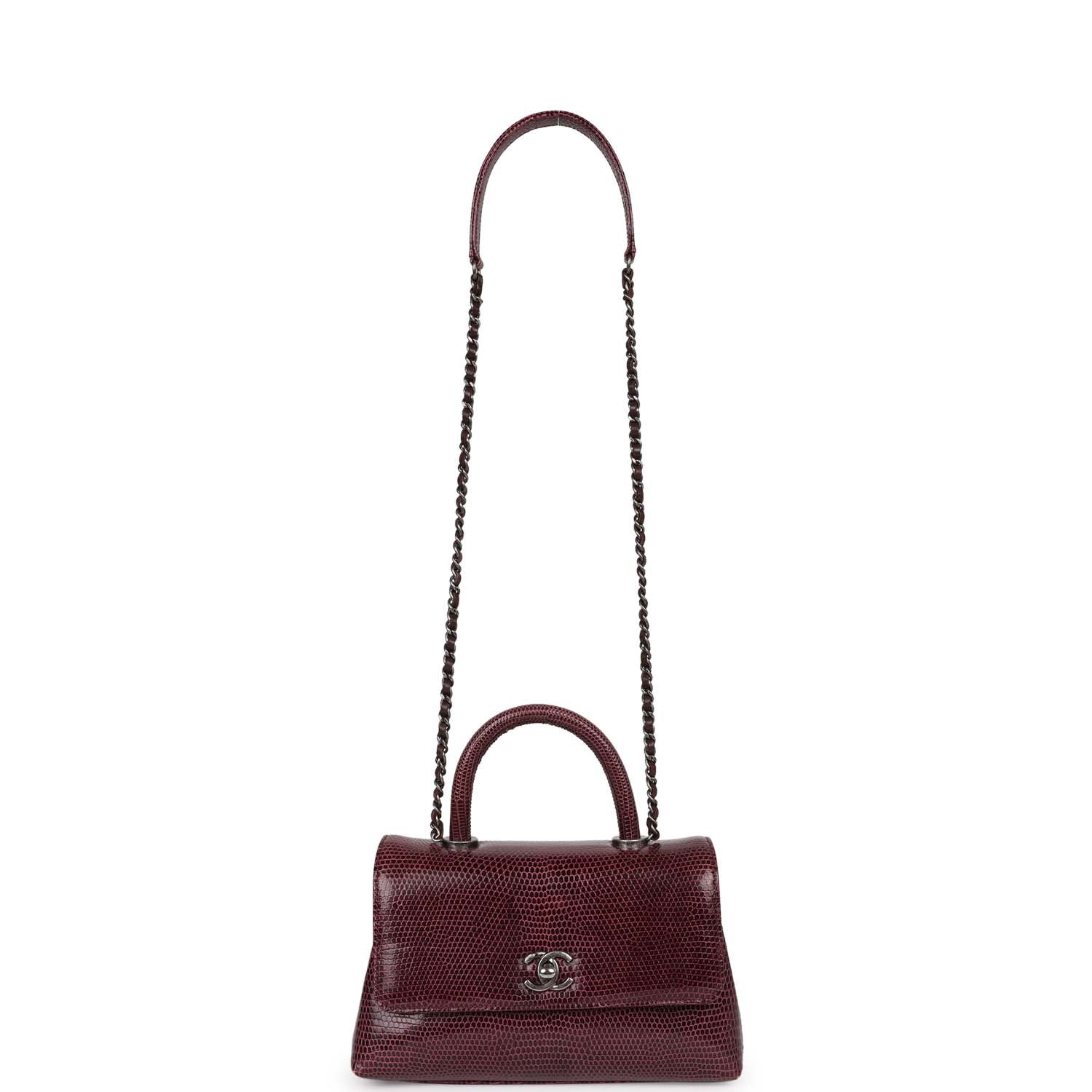 Pre-owned Chanel Mini Coco Handle Burgundy Lizard Ruthenium Hardware