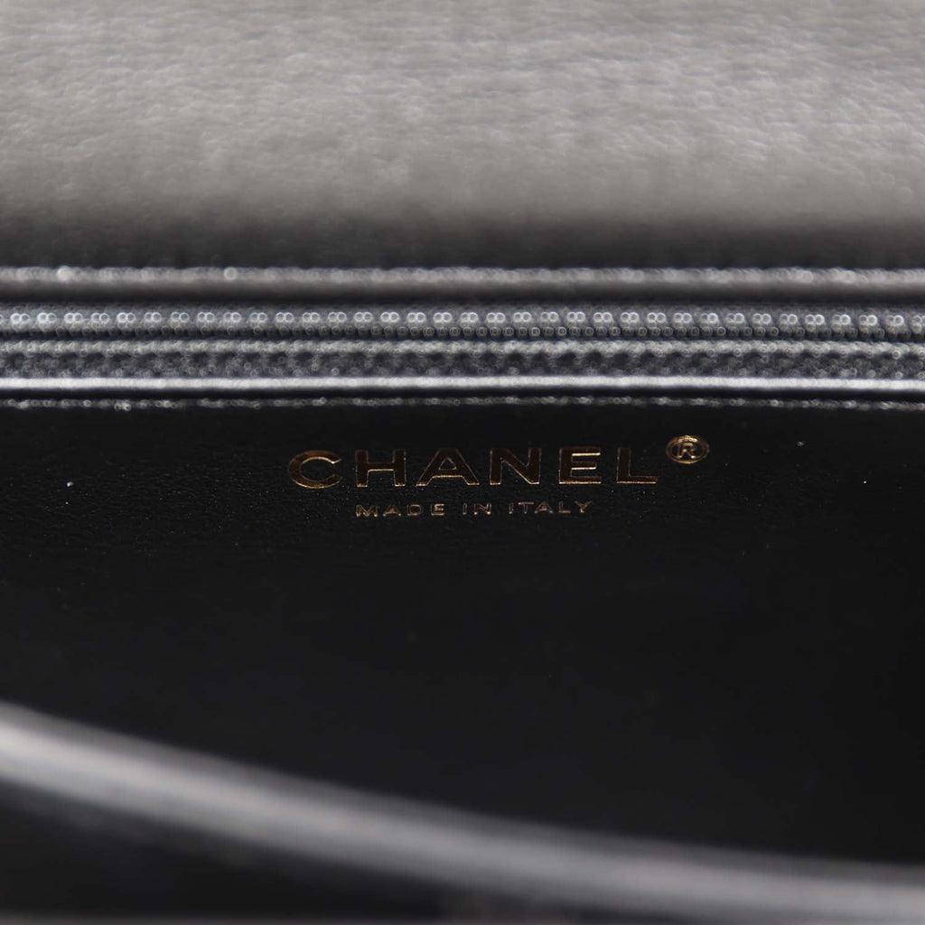 Chanel Accordion Pushlock Top Handle Flap Bag Black Patent Leather Aged Gold Hardware