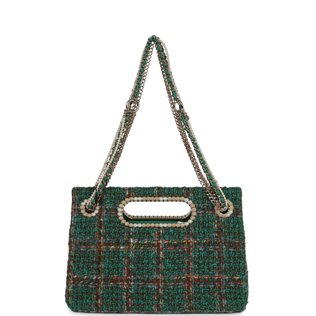 Chanel Large Double Flap Bag with Cut Out Handle and Multi Chain Green Tweed Gold Hardware