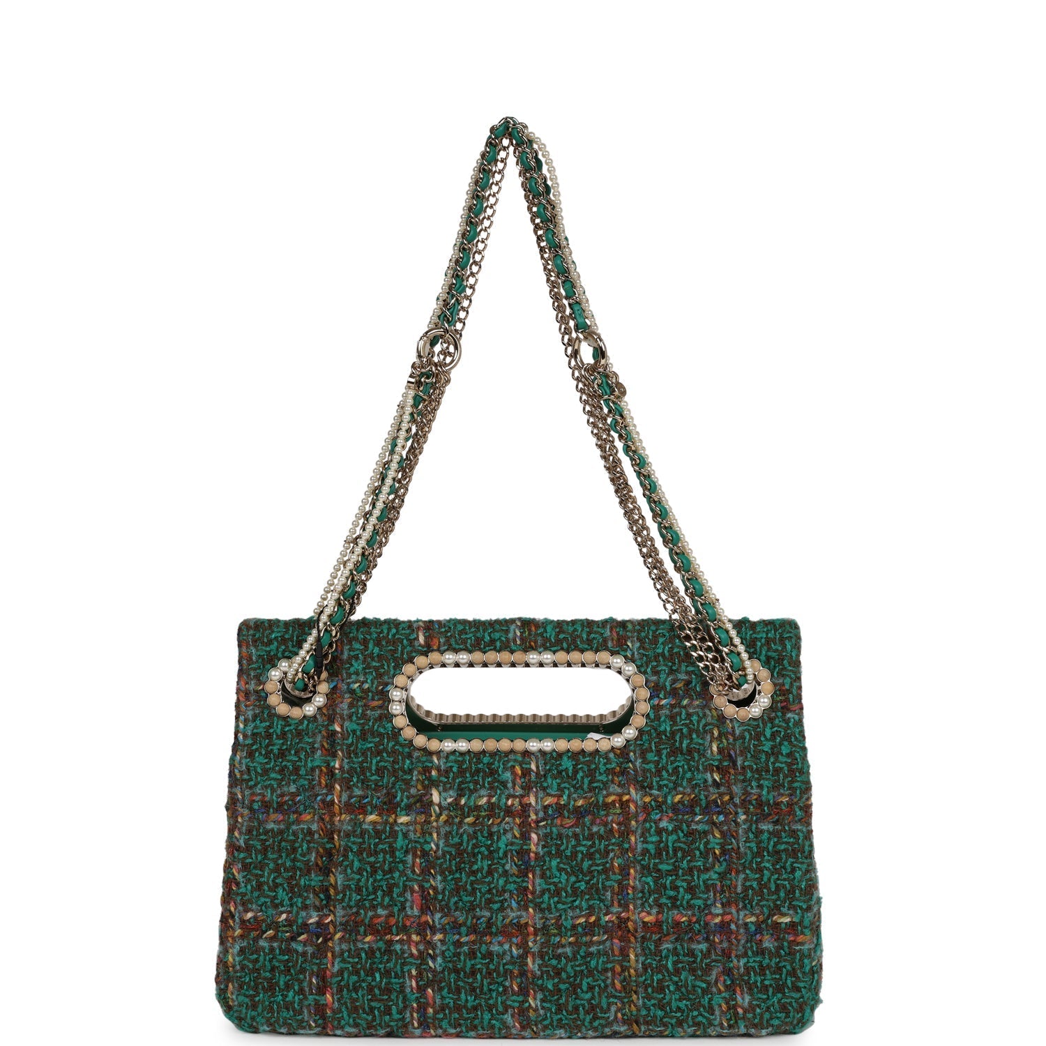 Chanel Large Double Flap Bag with Cut Out Handle and Multi Chain Green Tweed Gold Hardware