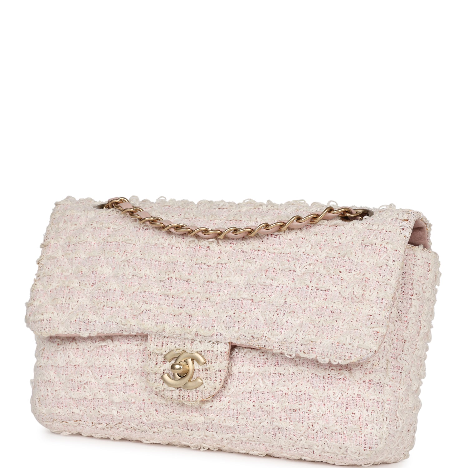 Pre-owned Chanel Medium Single Flap Bag Pink and White Tweed Brushed Gold Hardware
