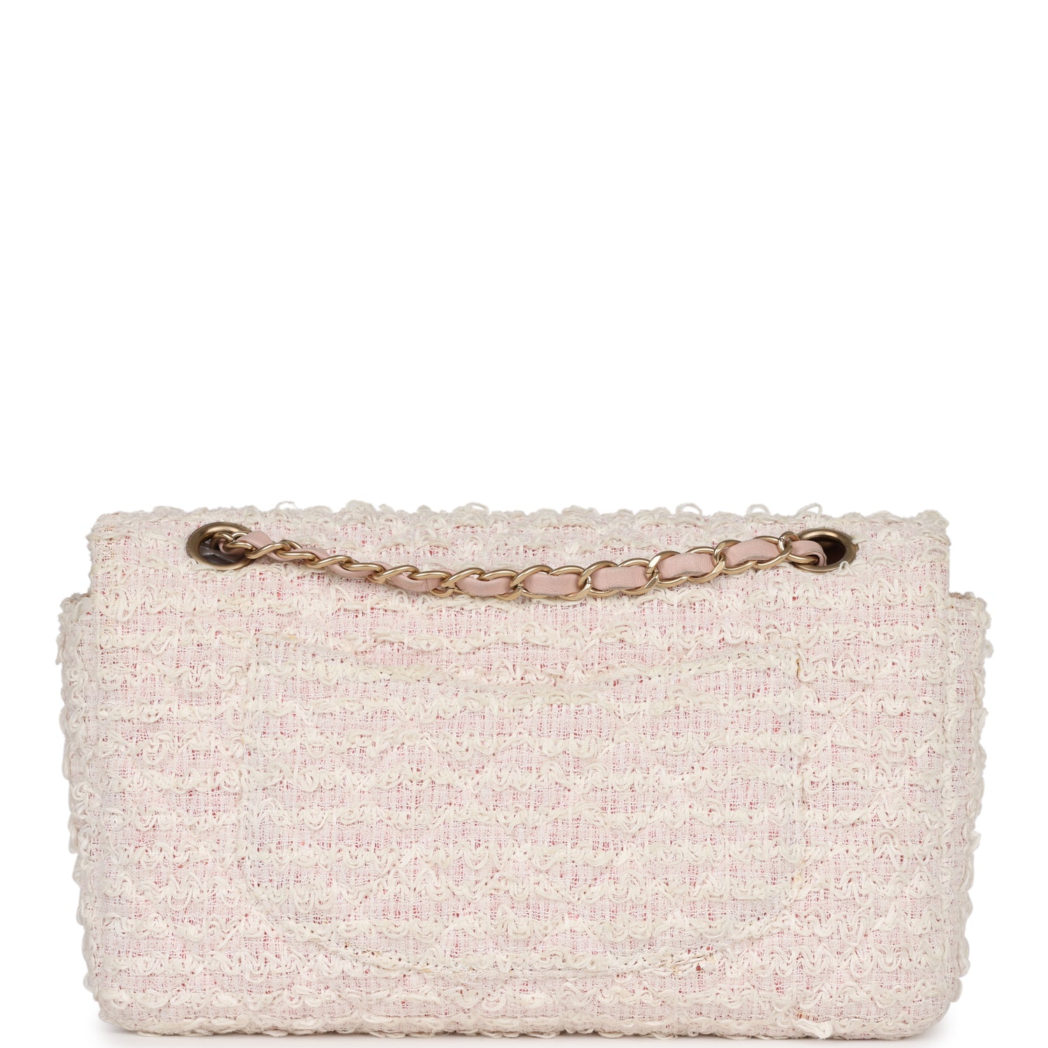 Pre-owned Chanel Medium Single Flap Bag Pink and White Tweed Brushed Gold Hardware