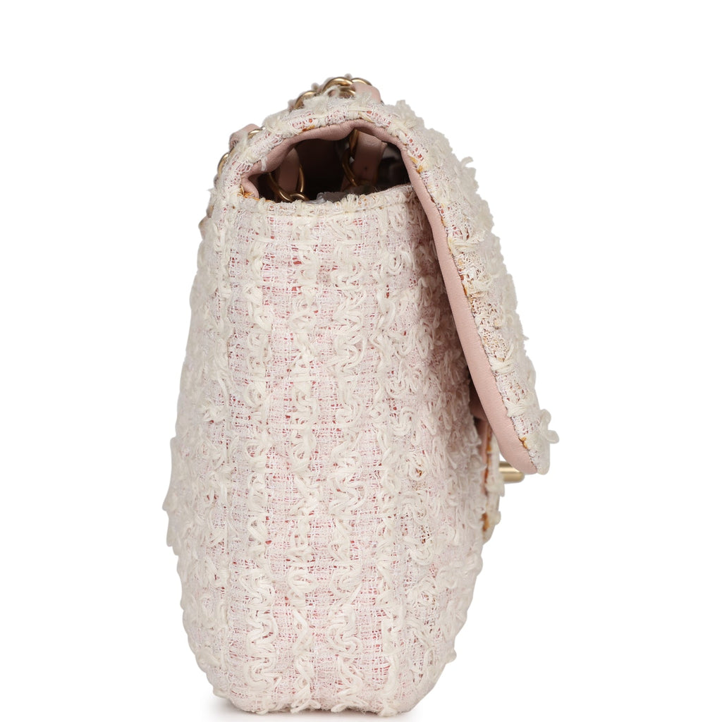 Pre-owned Chanel Medium Single Flap Bag Pink and White Tweed Brushed Gold Hardware
