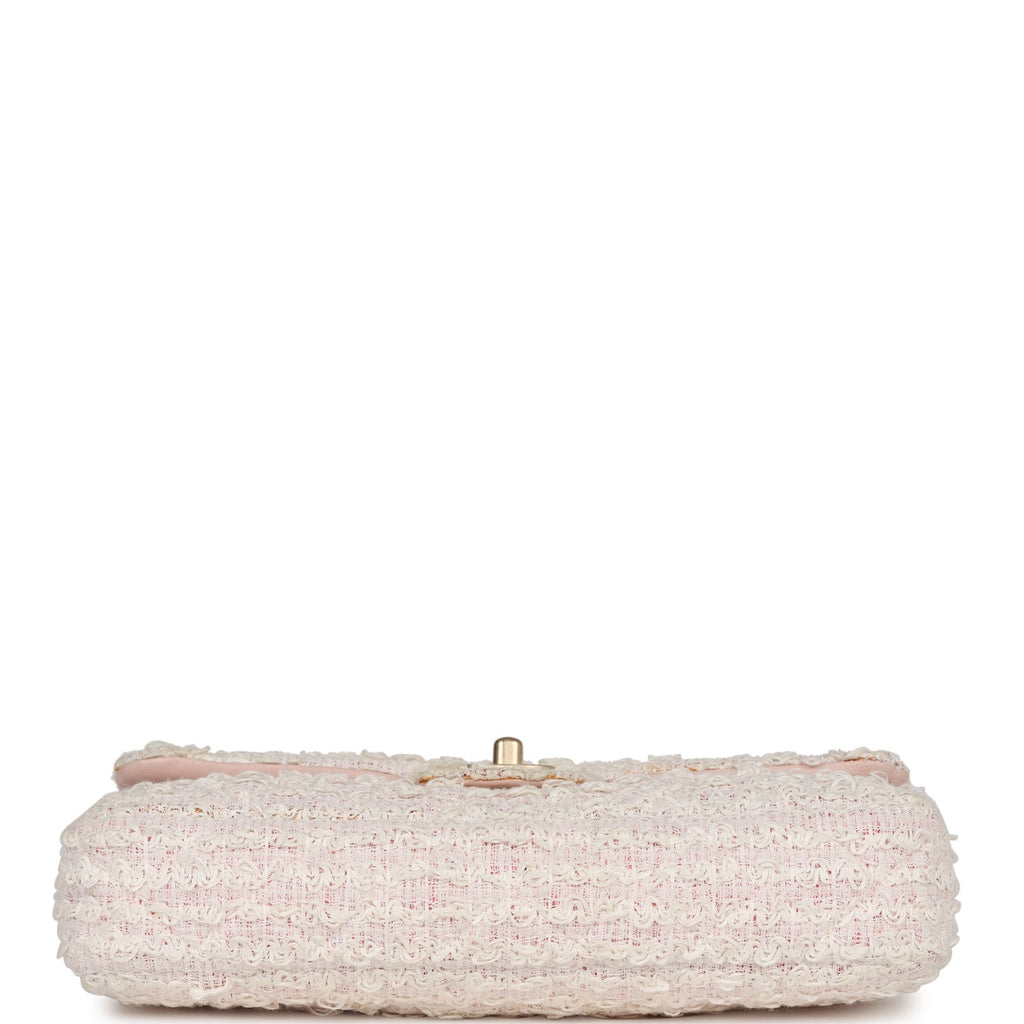 Pre-owned Chanel Medium Single Flap Bag Pink and White Tweed Brushed Gold Hardware