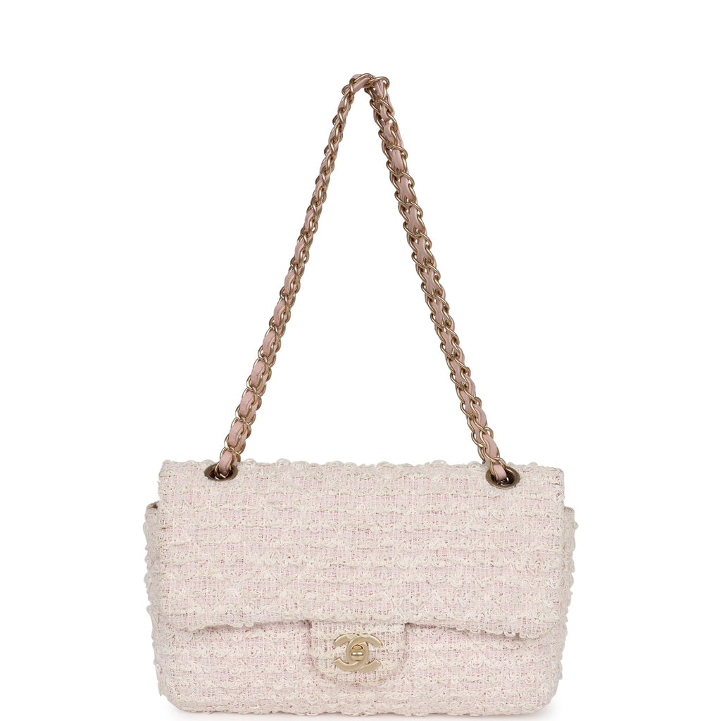 Pre-owned Chanel Medium Single Flap Bag Pink and White Tweed Brushed Gold Hardware
