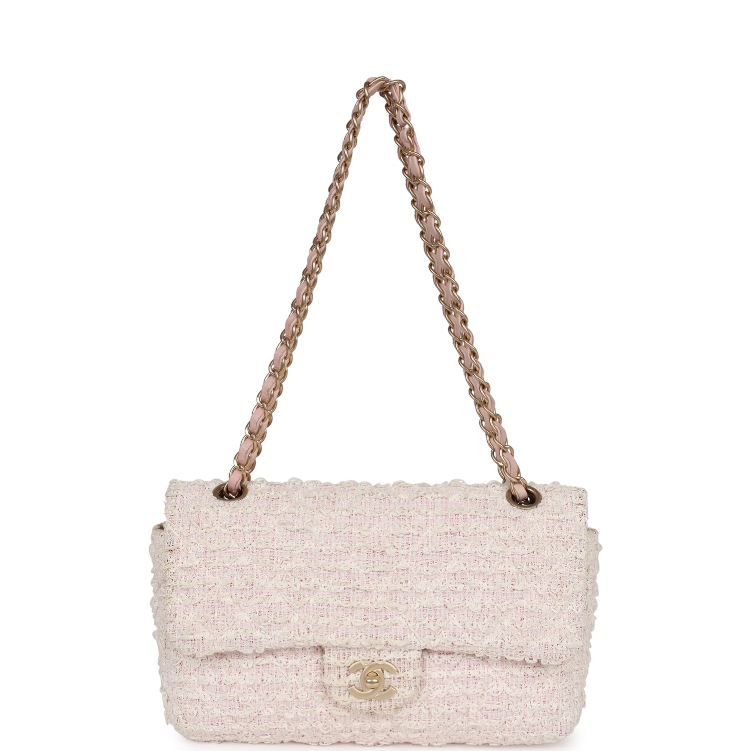 Pre-owned Chanel Medium Single Flap Bag Pink and White Tweed Brushed Gold Hardware