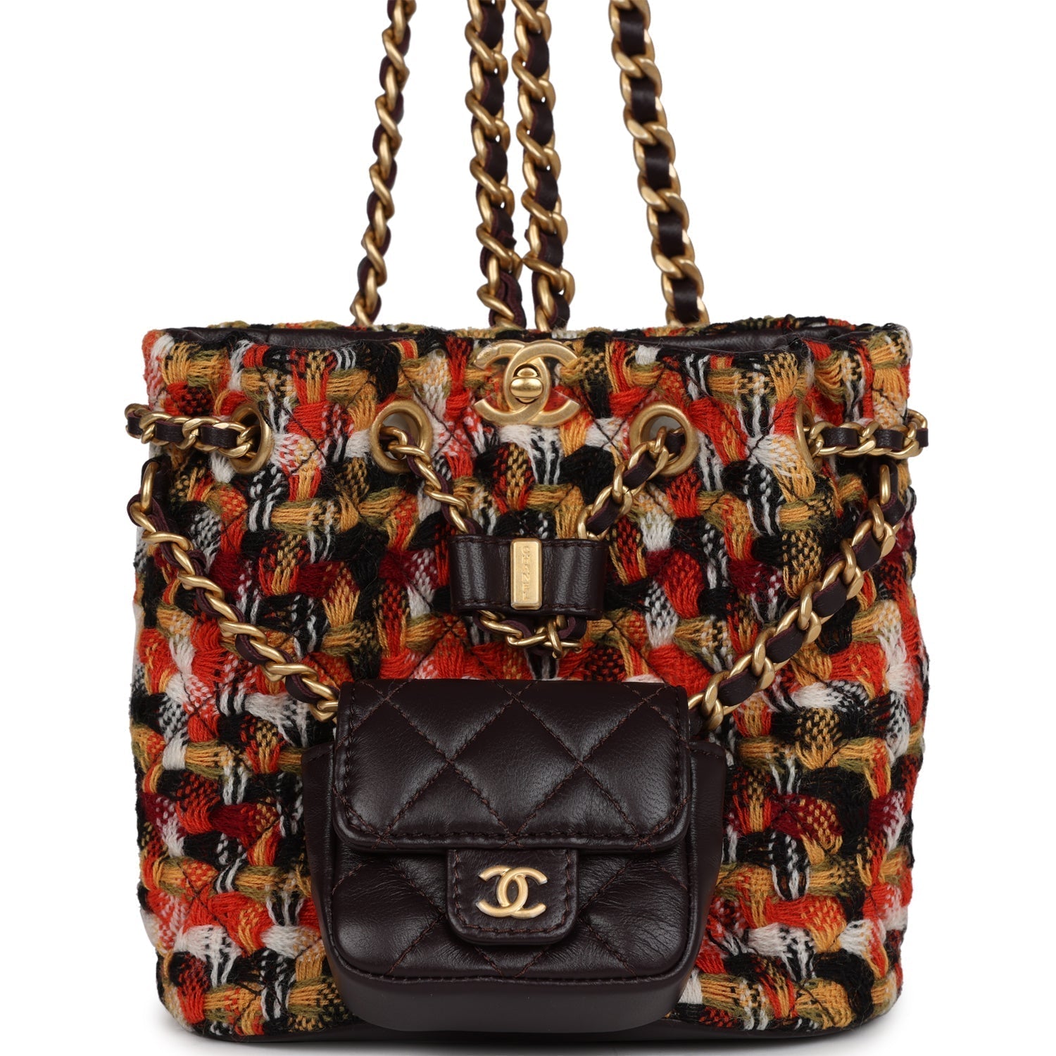 Chanel Small Drawstring Backpack Multicolored Tweed Antique Gold Hardware