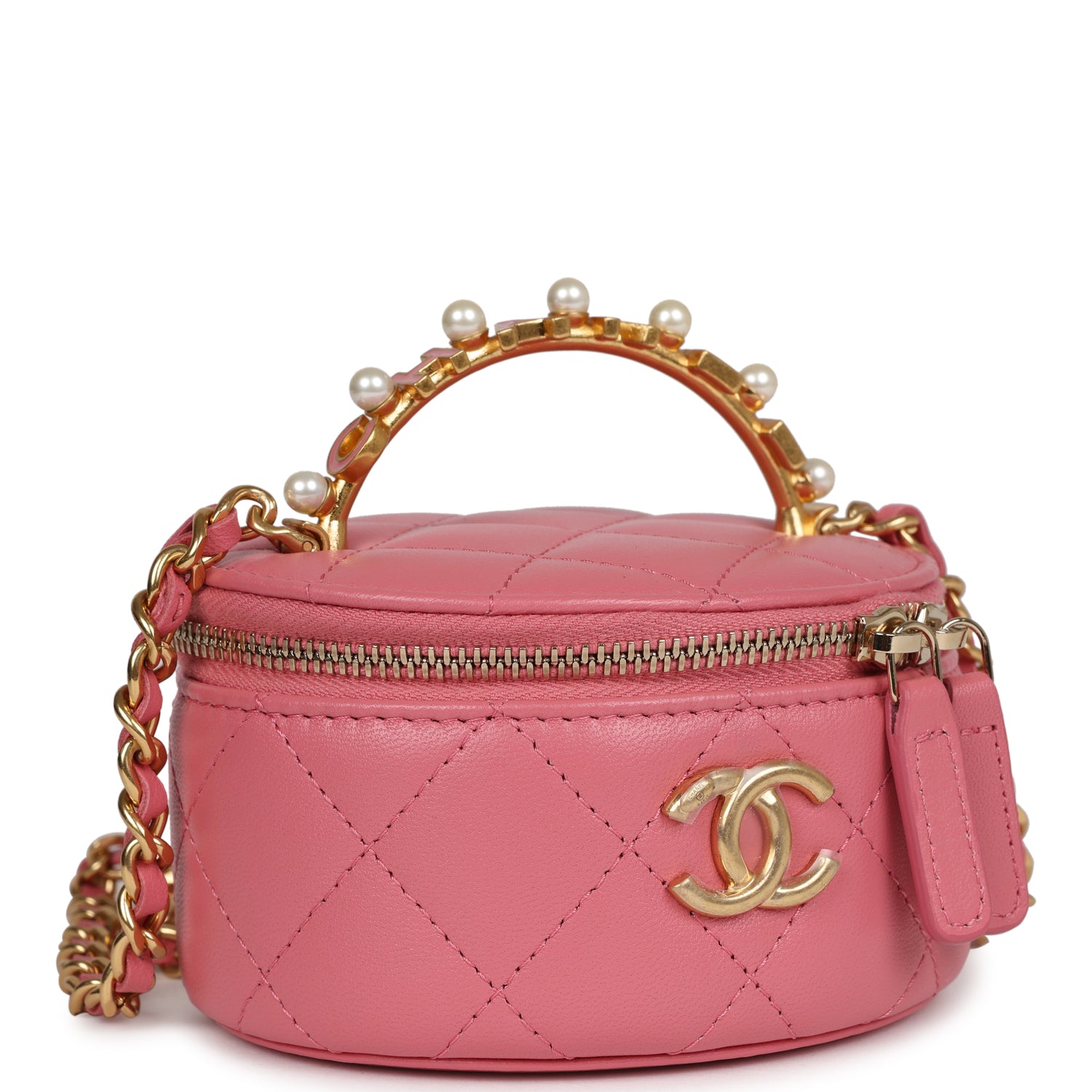 Chanel Mini Round Top Handle Vanity Case Dark Pink Lambskin Gold Hardware