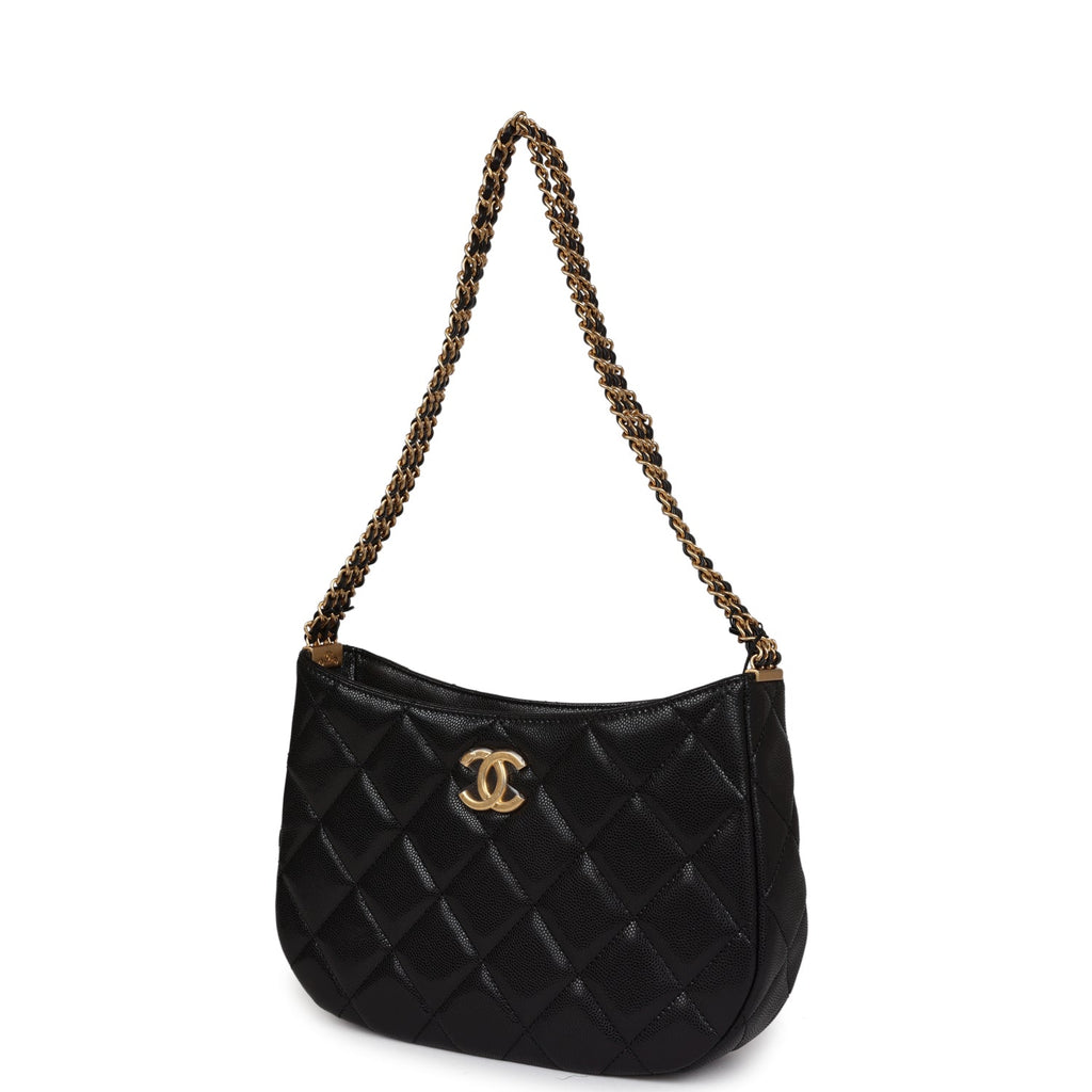Chanel Hobo Bag Black Shiny Caviar Brushed Gold Hardware