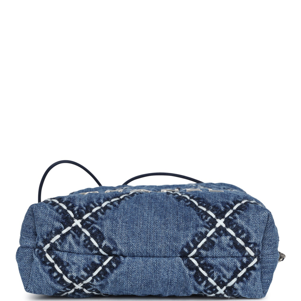 Chanel Mini 22 Bag Blue Stitched Denim Silver Hardware