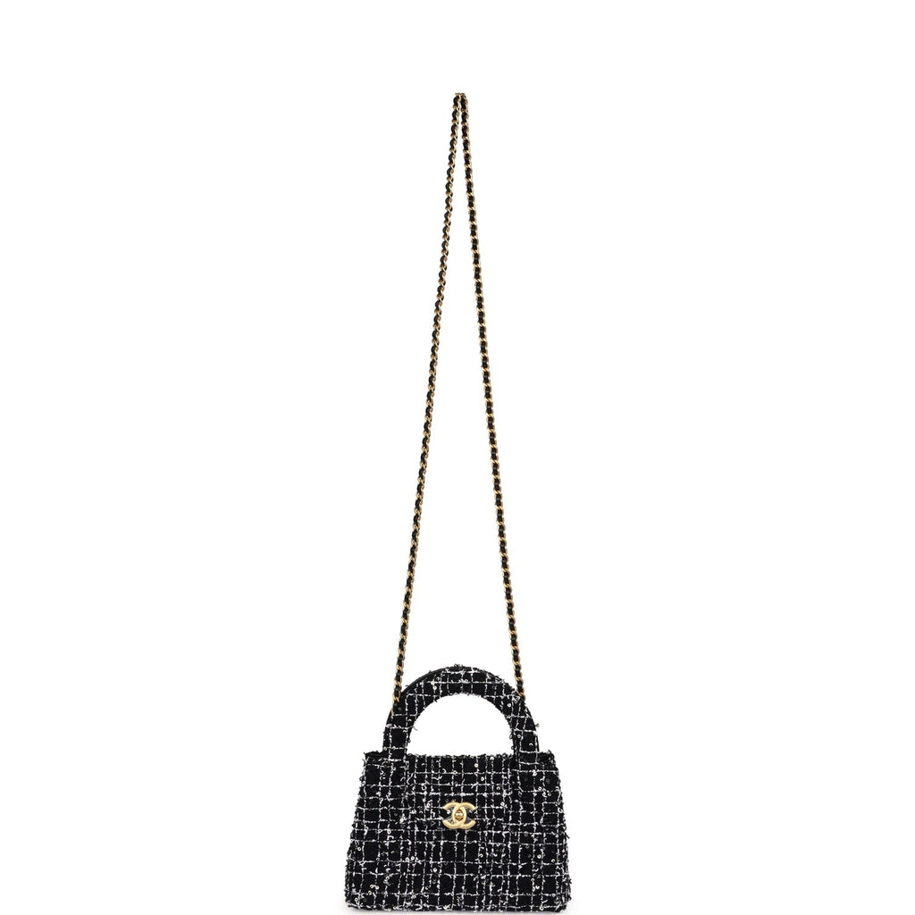 Chanel Small Kelly Shopper Black, White & Silver Sequin Tweed Brushed Gold Hardware