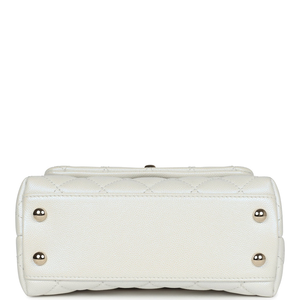 Chanel Mini Coco Handle Flap Bag Ivory Pearly Iridescent Caviar Light Gold Hardware