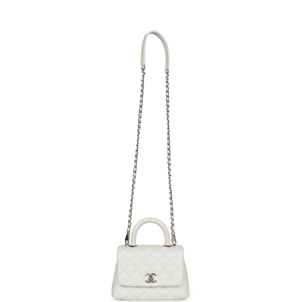 Chanel Mini Coco Handle Flap Bag Ivory Pearly Iridescent Caviar Light Gold Hardware