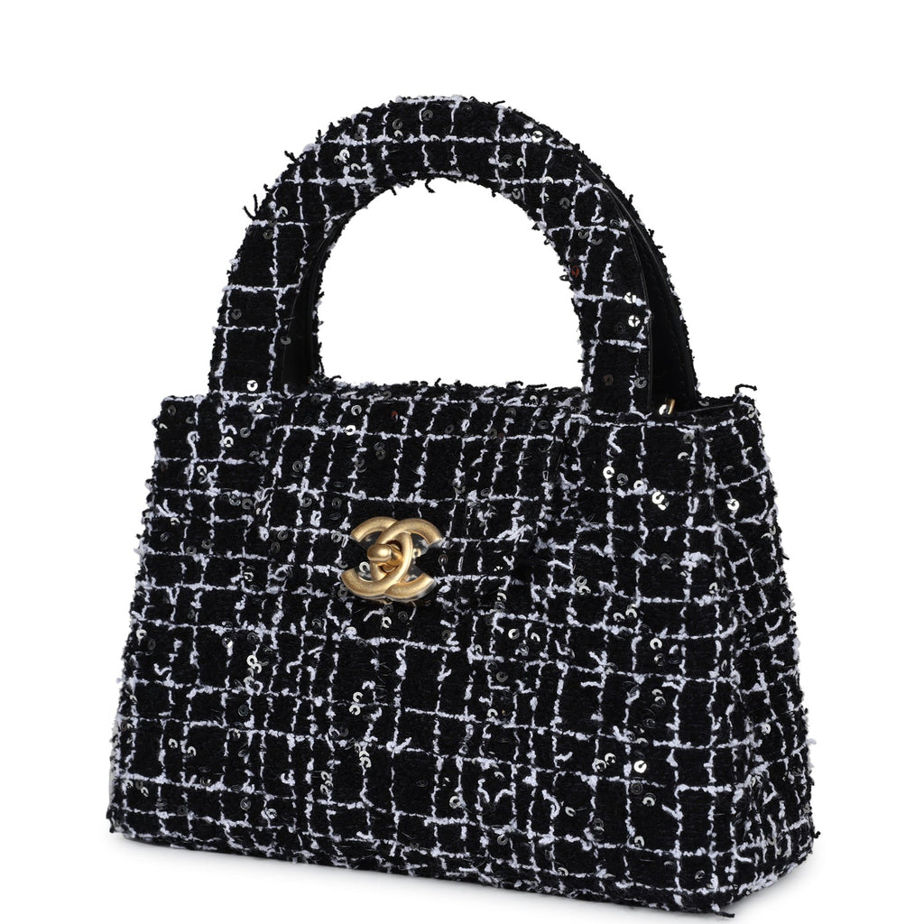 Chanel Small Kelly Shopper Black, White & Silver Sequin Tweed Brushed Gold Hardware