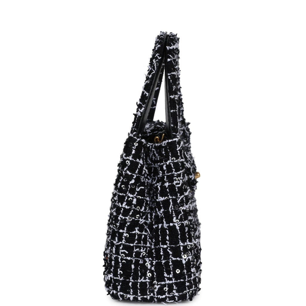 Chanel Small Kelly Shopper Black, White & Silver Sequin Tweed Brushed Gold Hardware