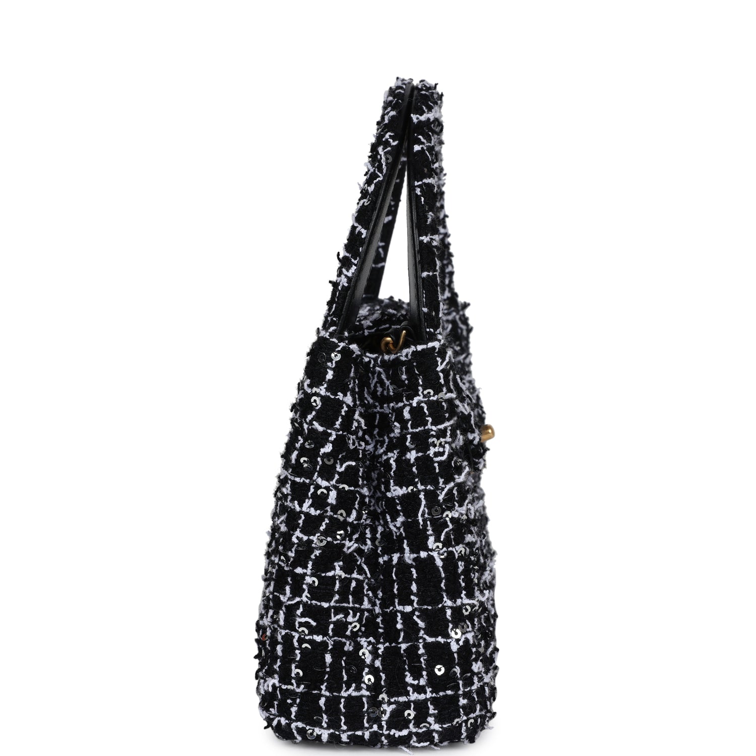 Chanel Small Kelly Shopper Black, White & Silver Sequin Tweed Brushed Gold Hardware