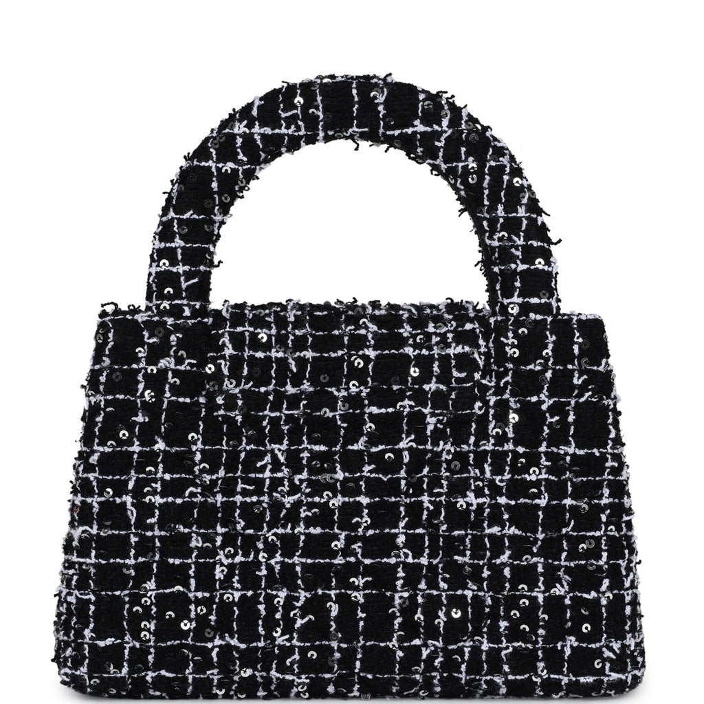 Chanel Small Kelly Shopper Black, White & Silver Sequin Tweed Brushed Gold Hardware