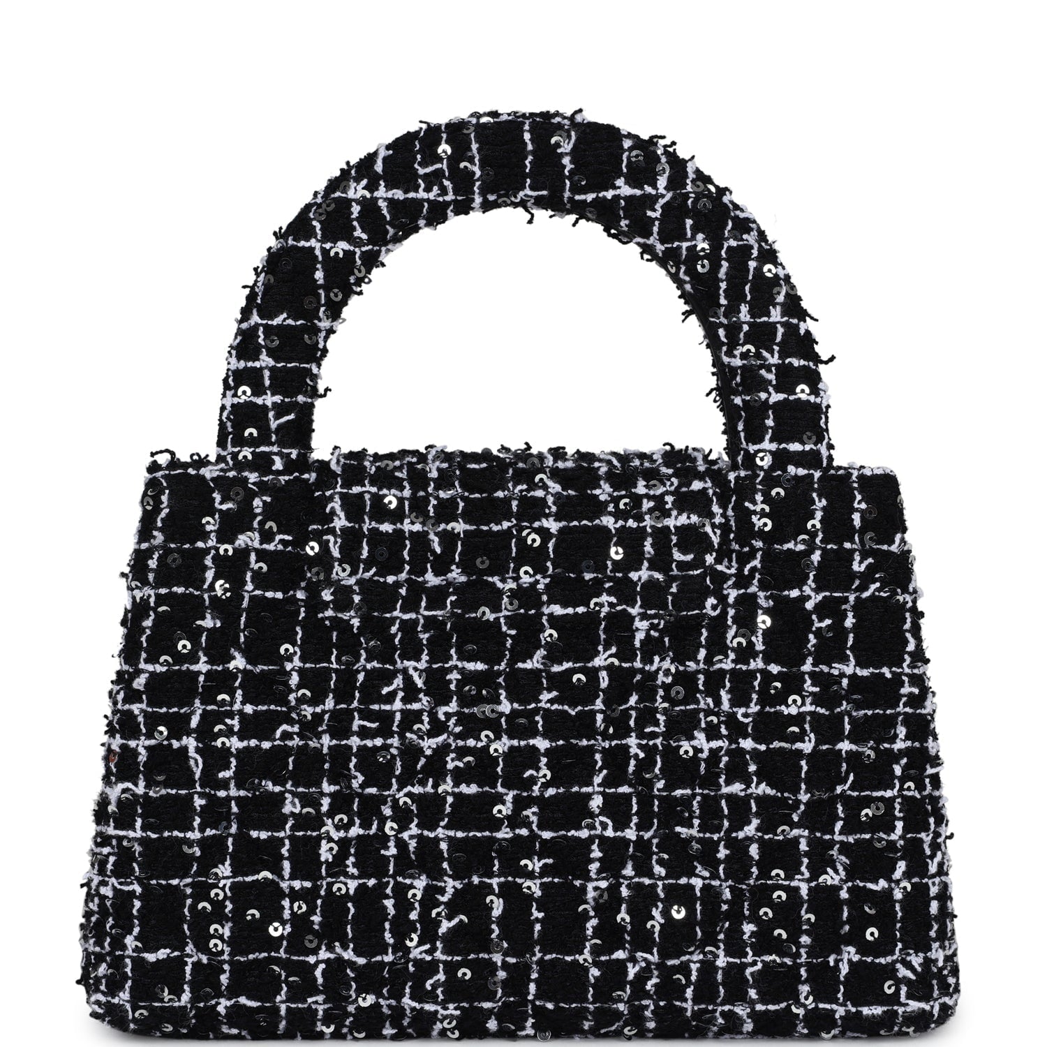 Chanel Small Kelly Shopper Black, White & Silver Sequin Tweed Brushed Gold Hardware