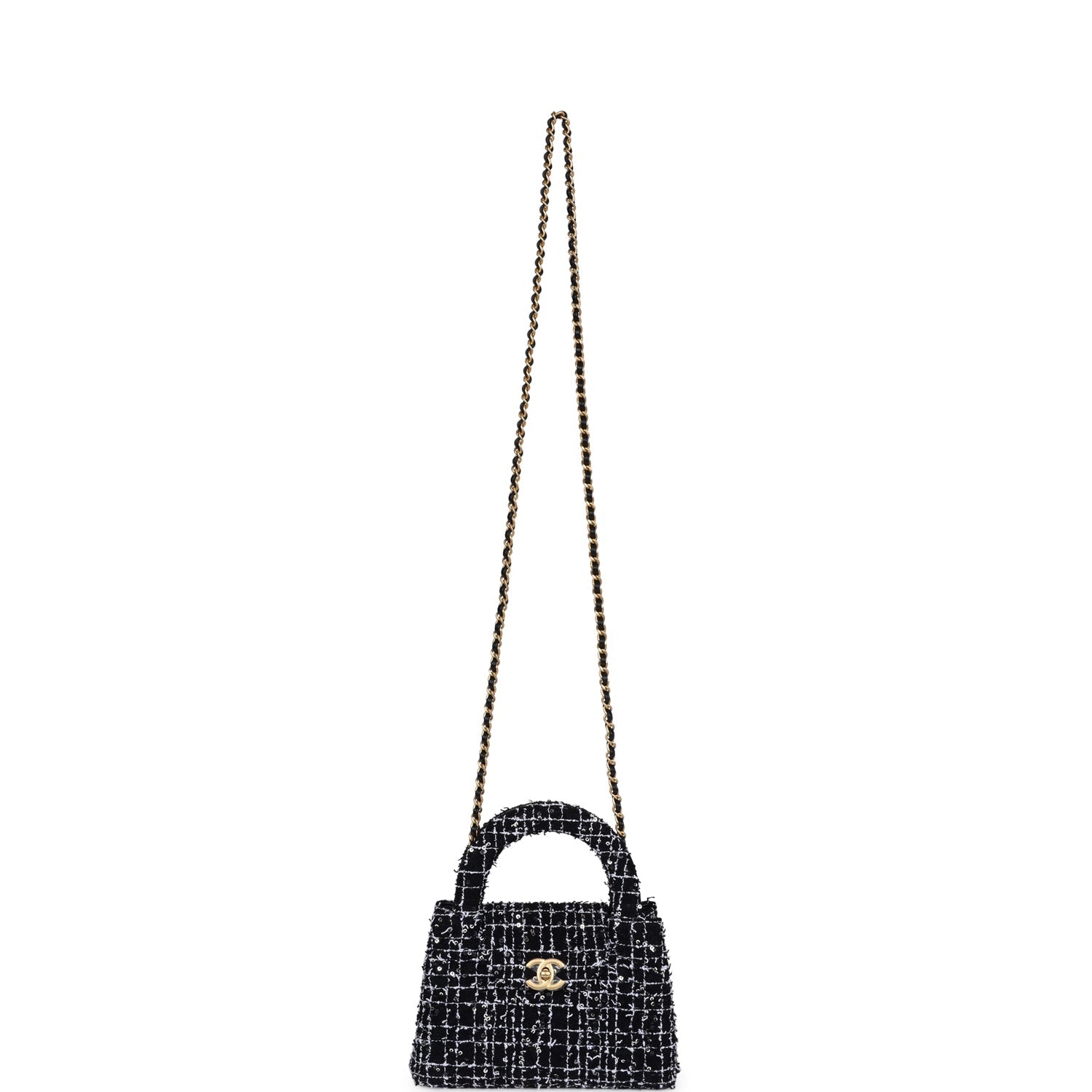 Chanel Small Kelly Shopper Black, White & Silver Sequin Tweed Brushed Gold Hardware