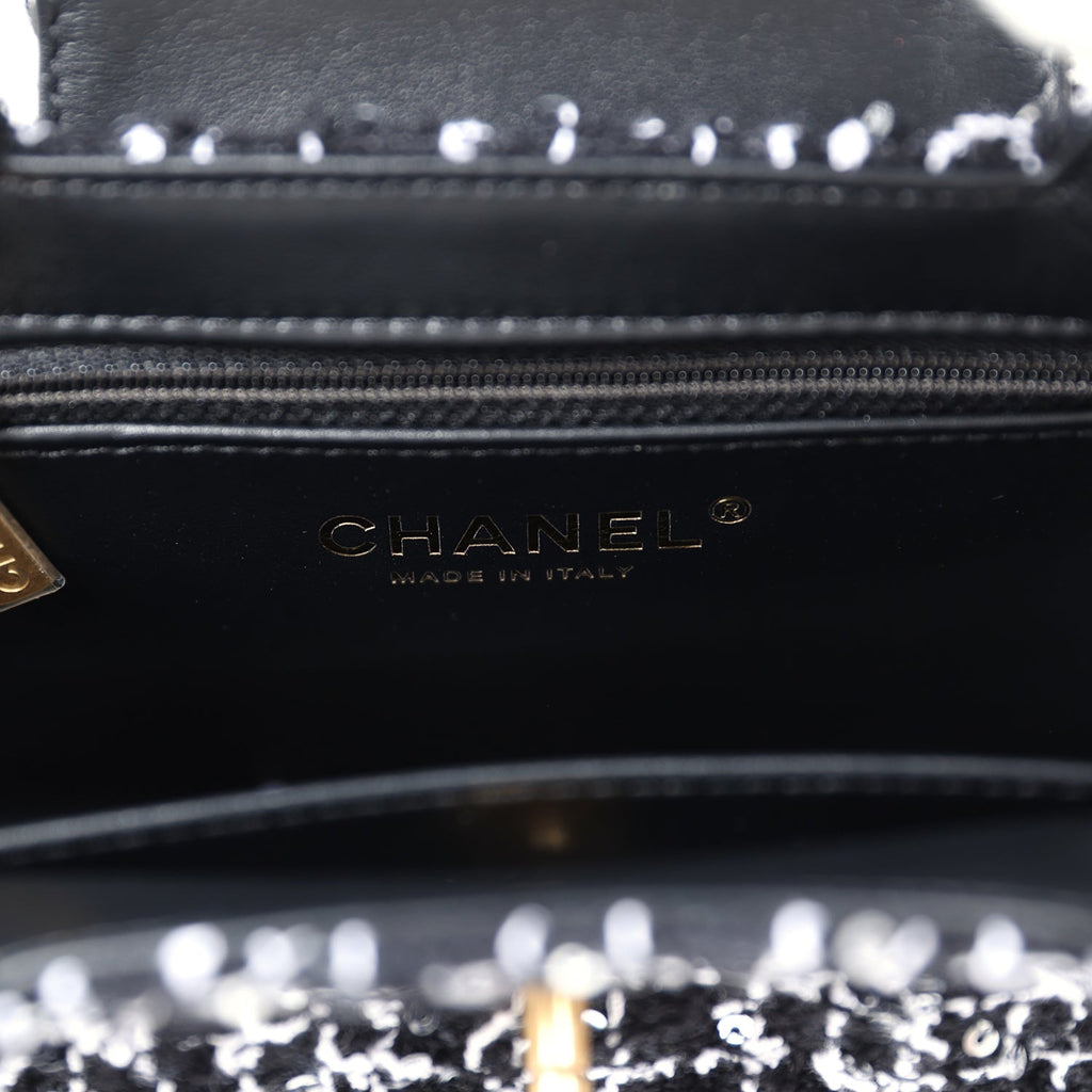 Chanel Small Kelly Shopper Black, White & Silver Sequin Tweed Brushed Gold Hardware