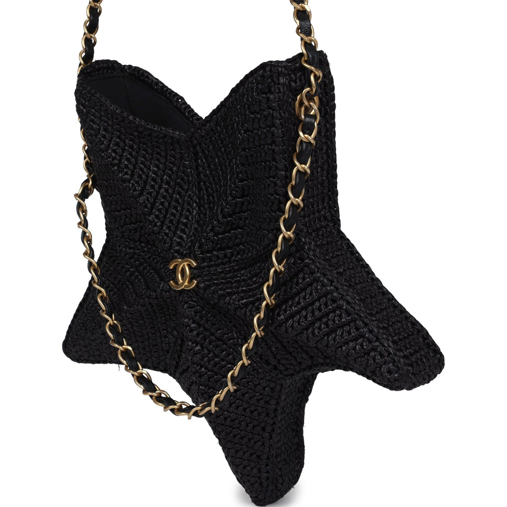Pre-owned Chanel Star Coco Beach Bag Black Raffia Aged Gold Hardware