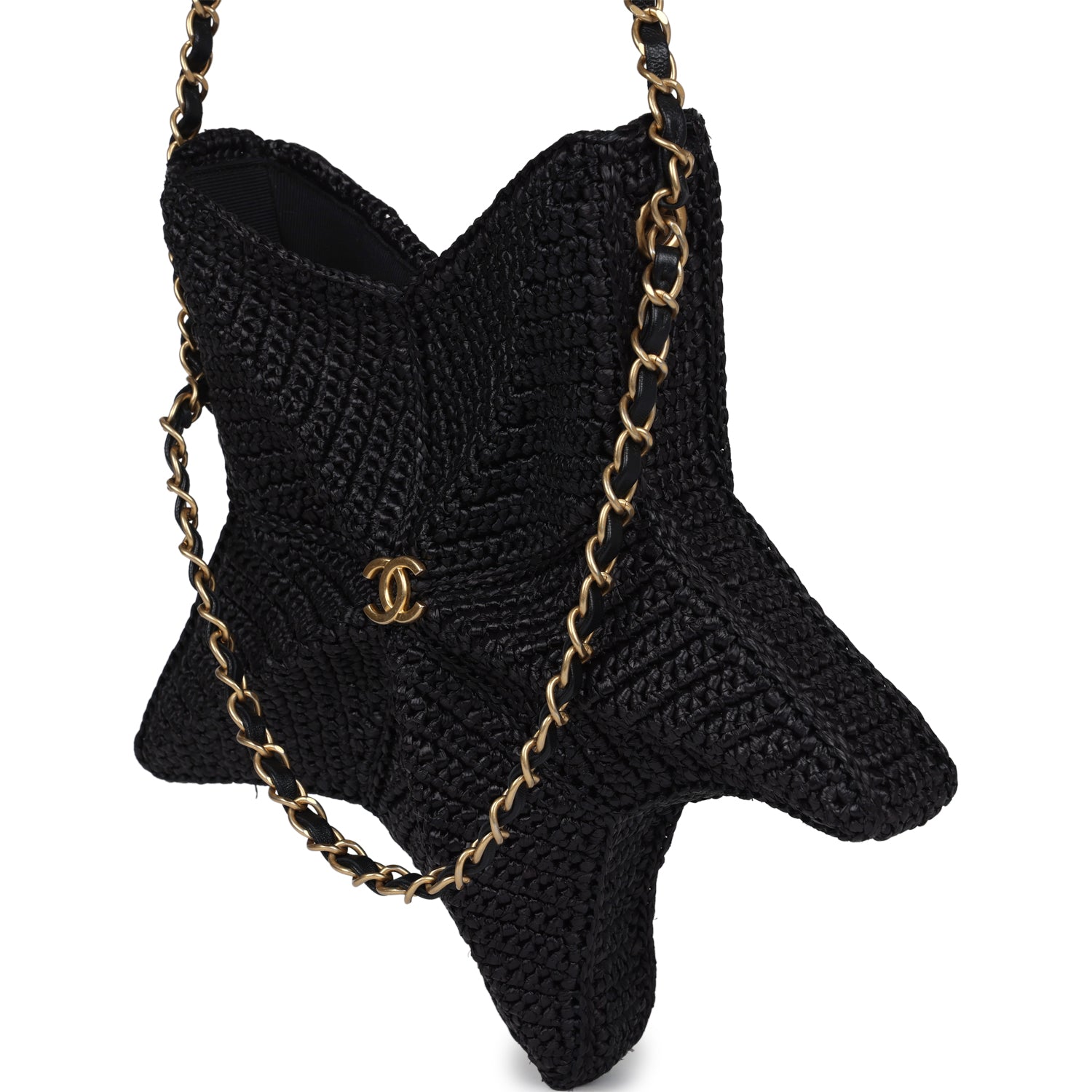 Pre-owned Chanel Star Coco Beach Bag Black Raffia Aged Gold Hardware