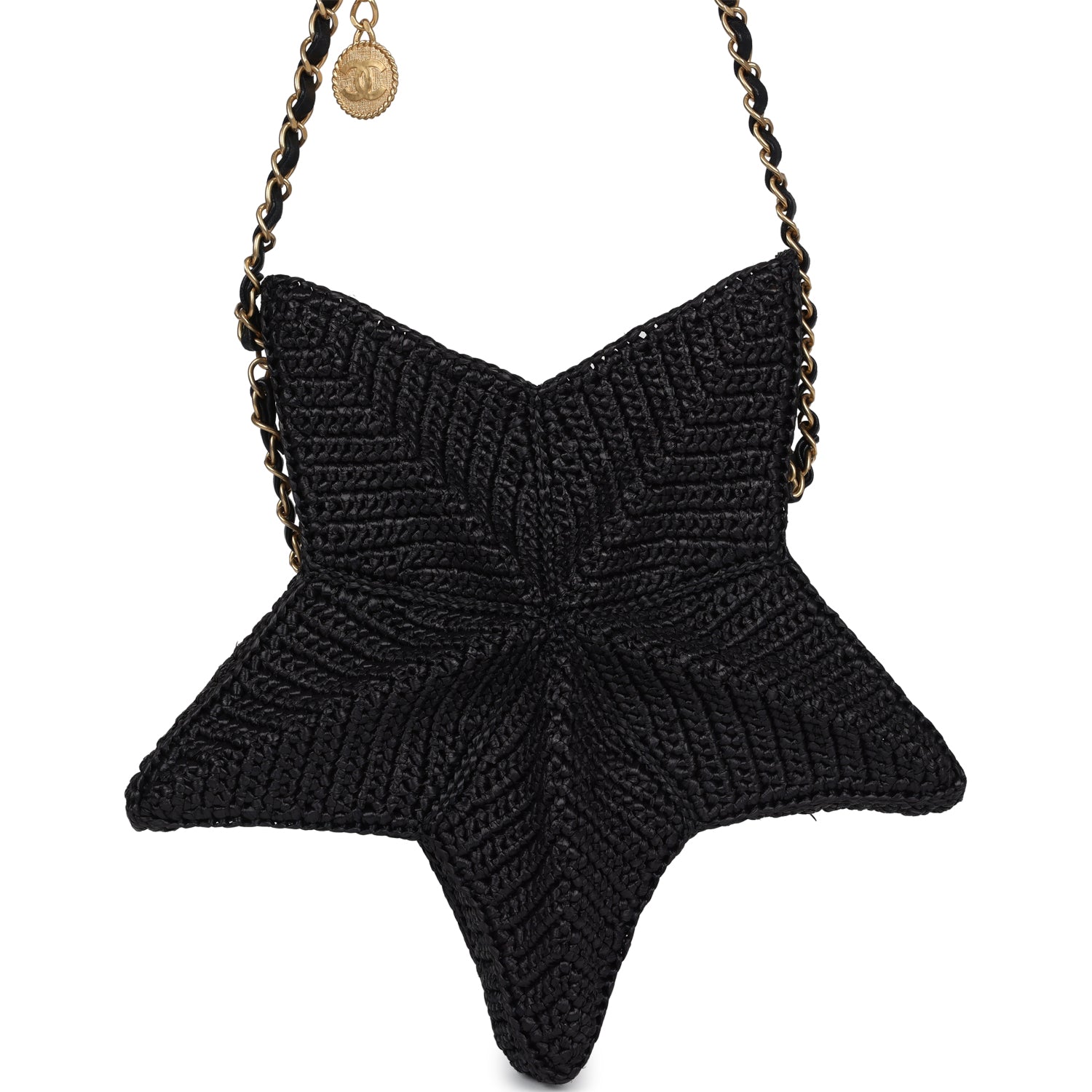 Pre-owned Chanel Star Coco Beach Bag Black Raffia Aged Gold Hardware
