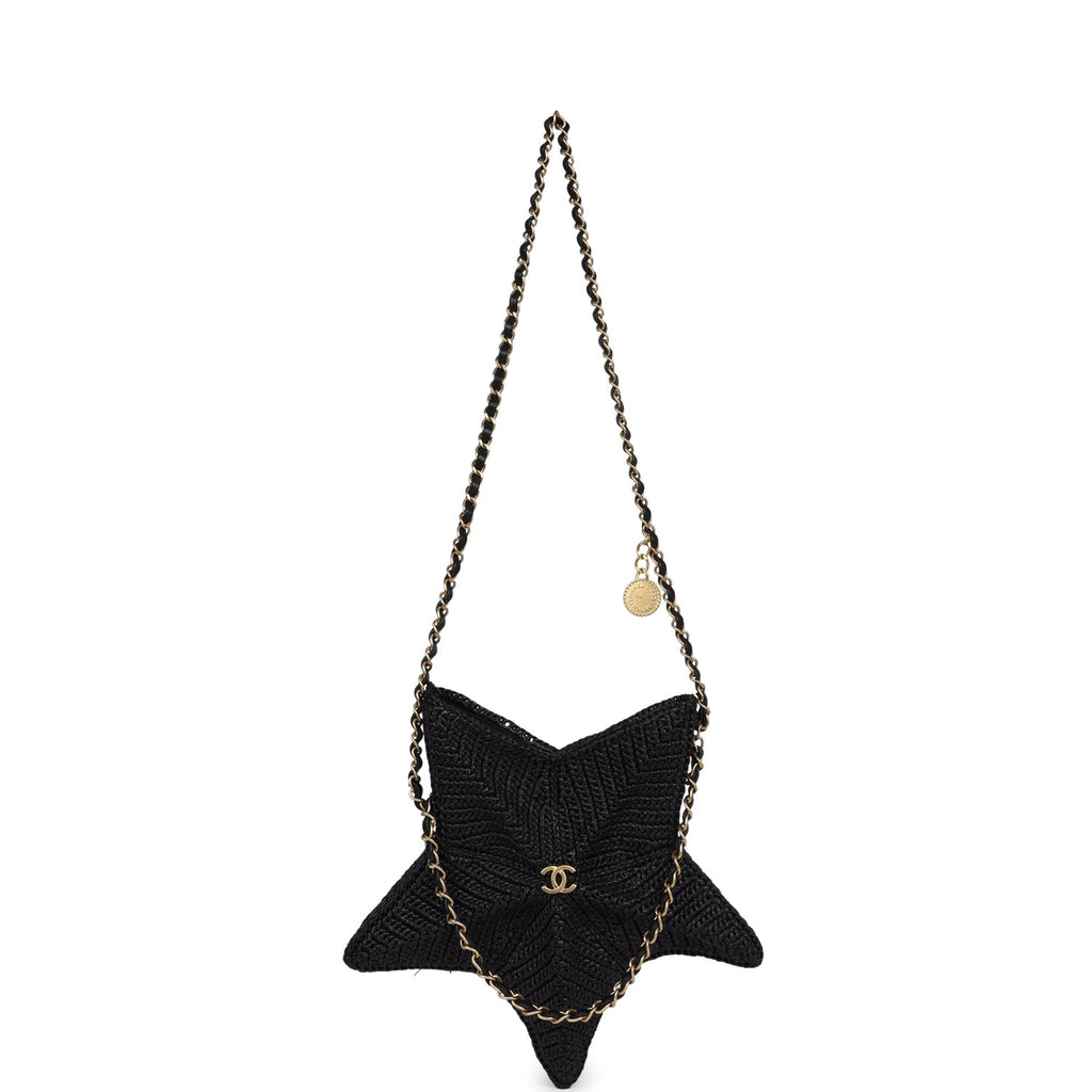 Pre-owned Chanel Star Coco Beach Bag Black Raffia Aged Gold Hardware