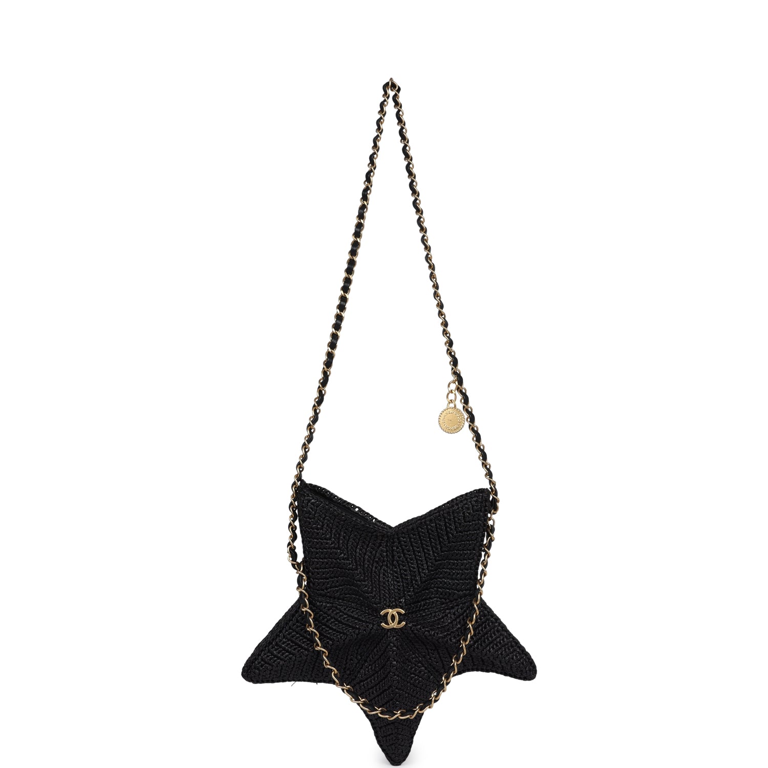 Pre-owned Chanel Star Coco Beach Bag Black Raffia Aged Gold Hardware