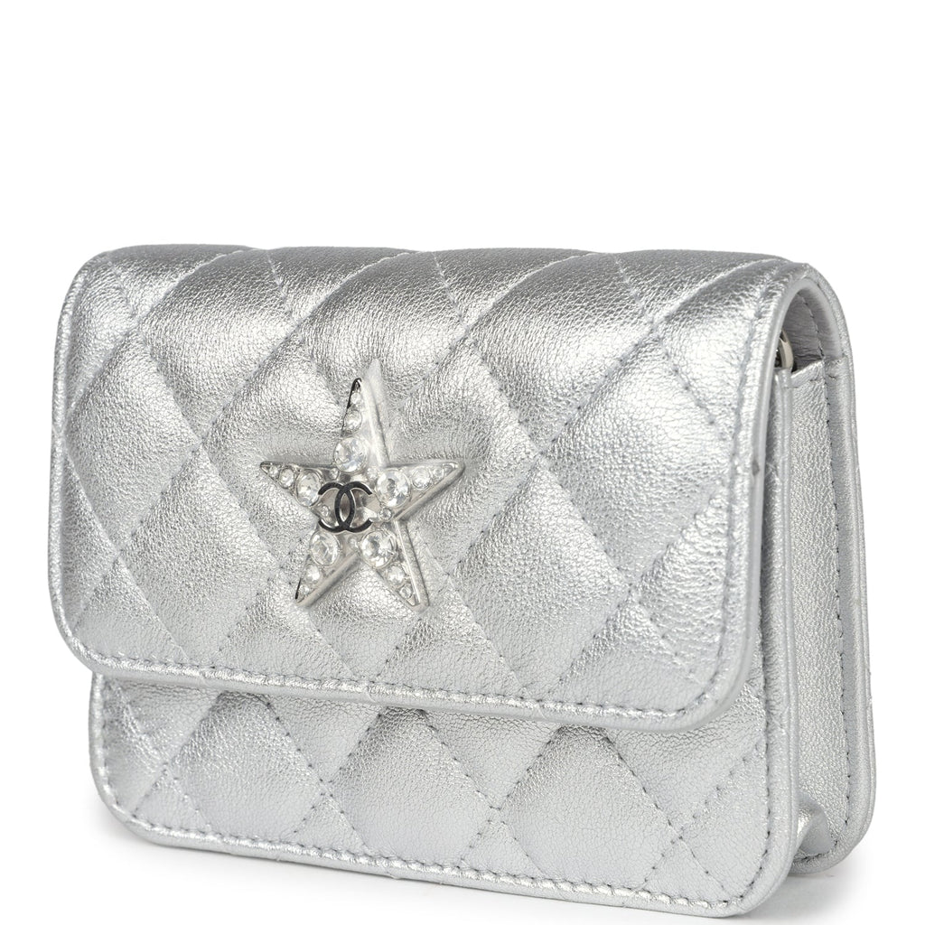 Chanel Crystal CC Walk Of Fame Clutch Wallet Silver Metallic Goatskin Silver Hardware