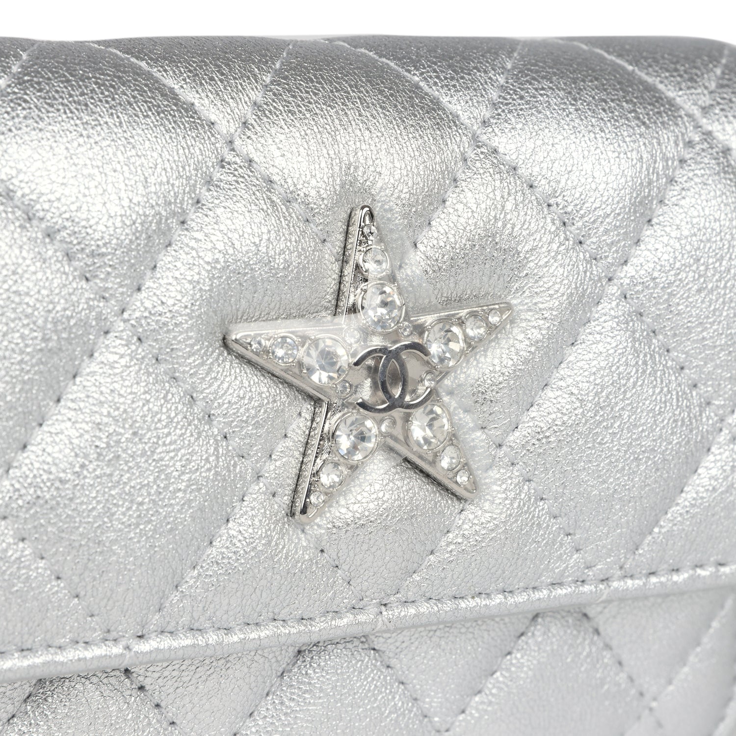 Chanel Crystal CC Walk Of Fame Clutch Wallet Silver Metallic Goatskin Silver Hardware