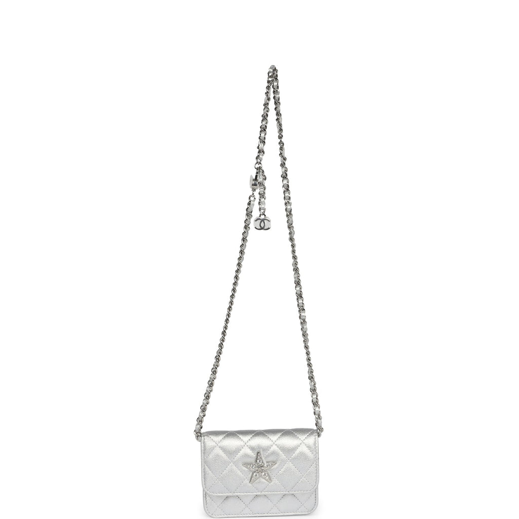 Chanel Crystal CC Walk Of Fame Clutch Wallet Silver Metallic Goatskin Silver Hardware