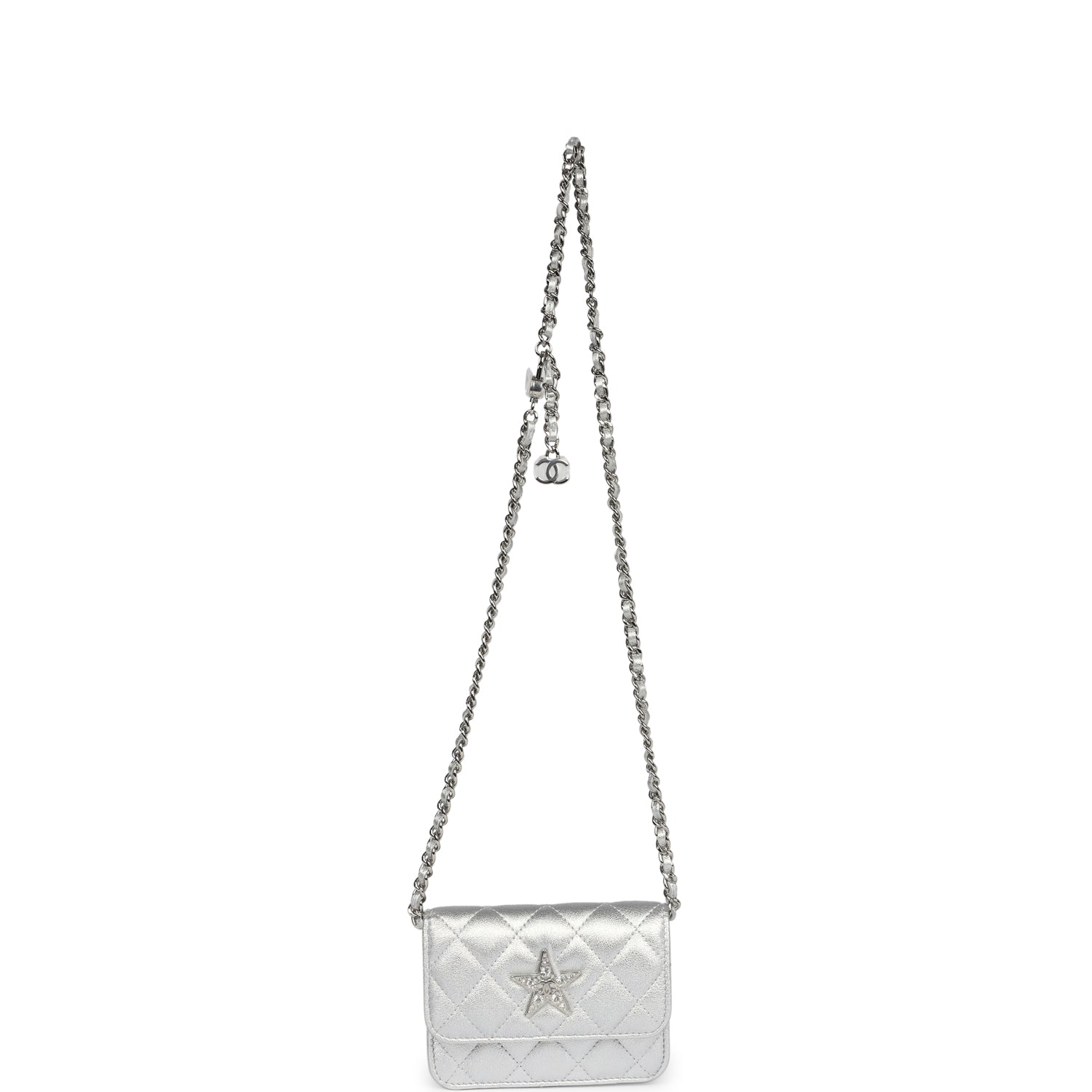 Chanel Crystal CC Walk Of Fame Clutch Wallet Silver Metallic Goatskin Silver Hardware