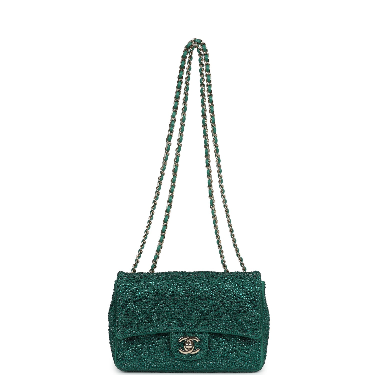 Chanel Mini Flap Bag Green Swarovski Crystal and Green Lambskin Silver Hardware