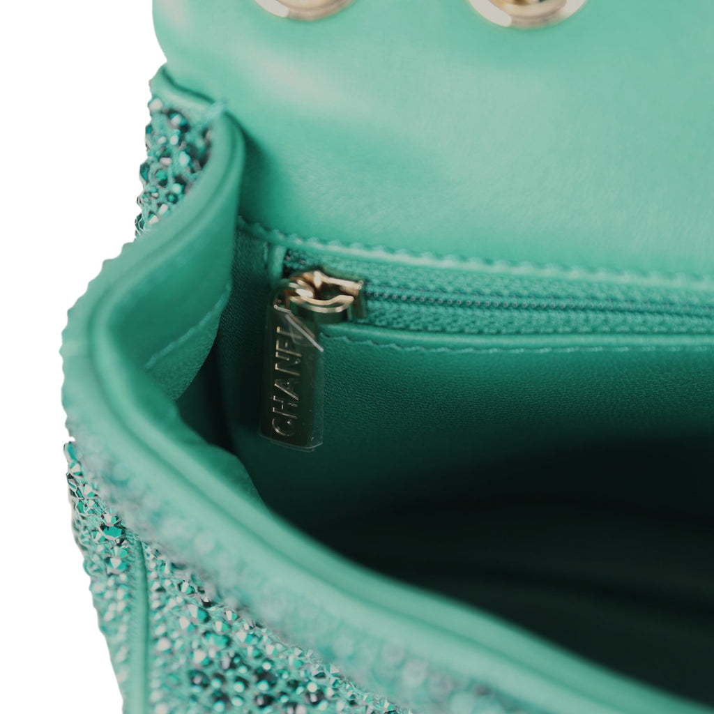 Chanel Mini Flap Bag Green Swarovski Crystal and Green Lambskin Silver Hardware