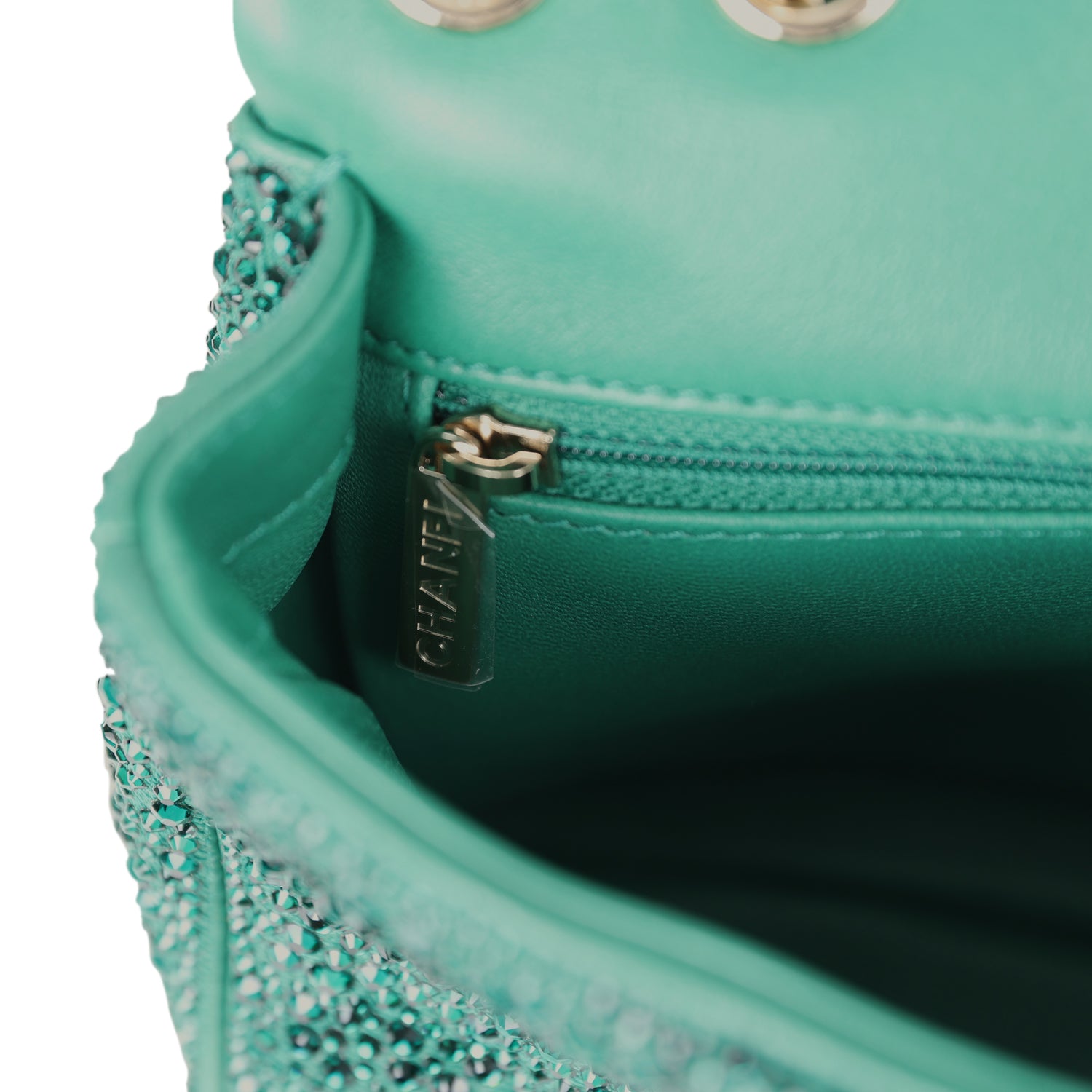 Chanel Mini Flap Bag Green Swarovski Crystal and Green Lambskin Silver Hardware
